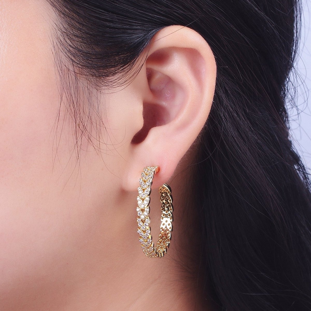Micro Paved CZ Gold Wreath Paddy Heart Statement C Shaped Hoops Stud Earrings | AE1087