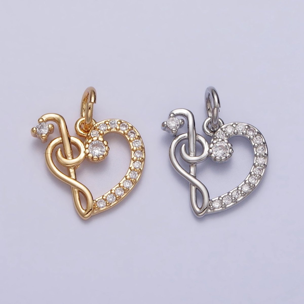 Micro Paved CZ Heart Musical Note G Treble Clef Charm in Gold & Silver | AC181