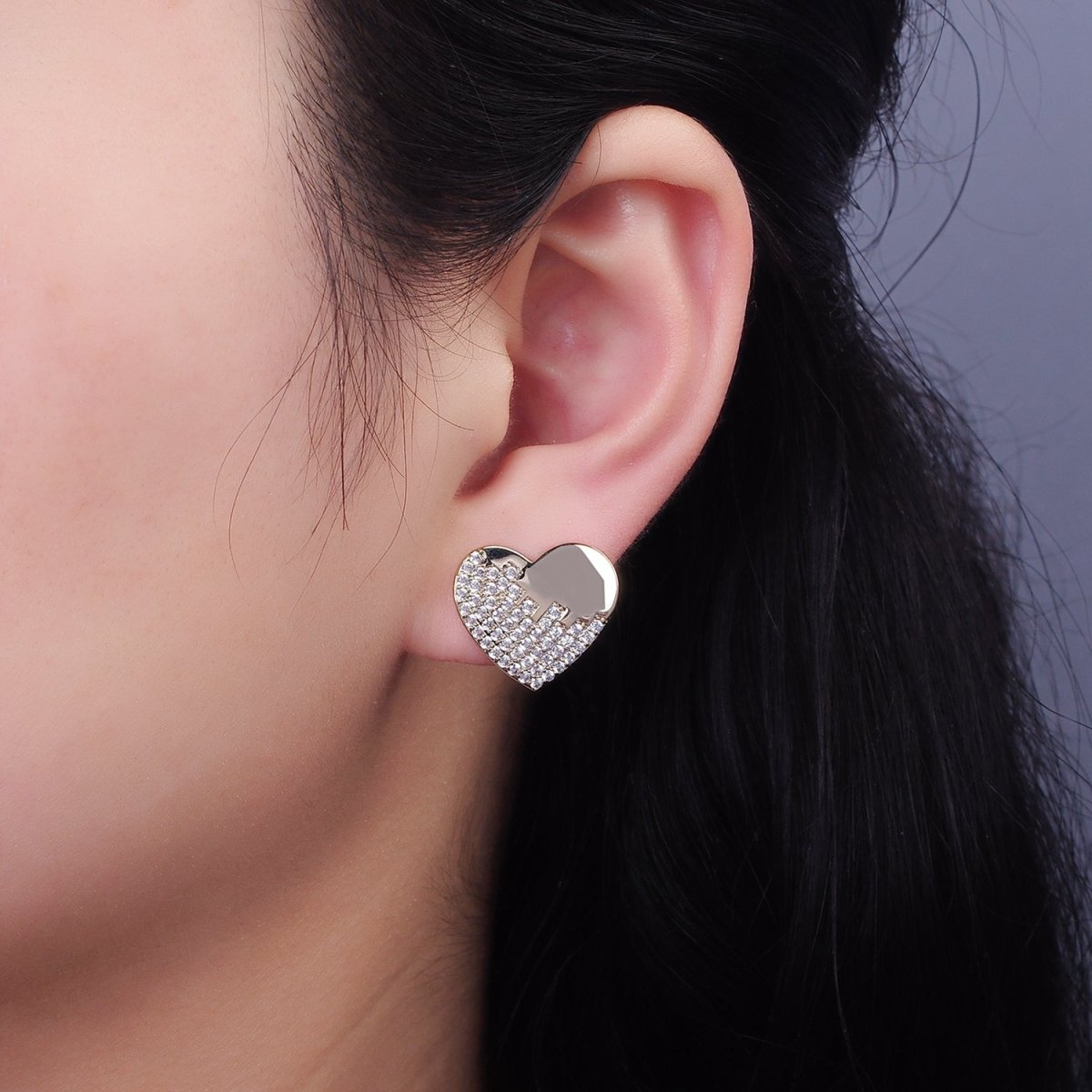 Micro Paved CZ Heart Stud Earrings Set in Gold & Silver | V534