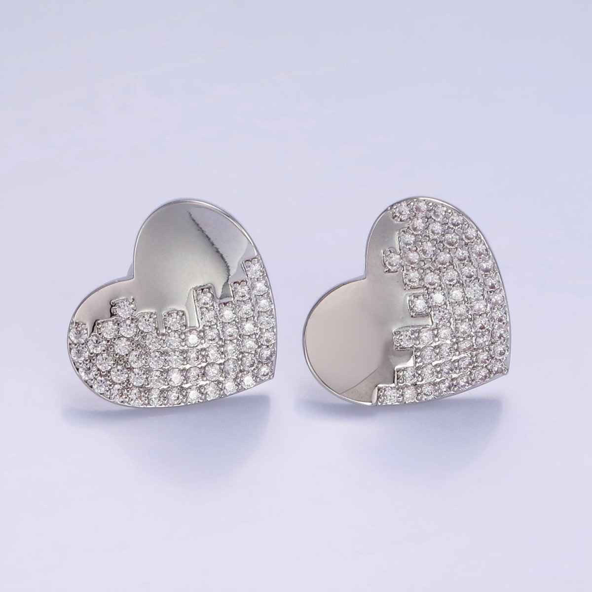Micro Paved CZ Heart Stud Earrings Set in Gold & Silver | V534