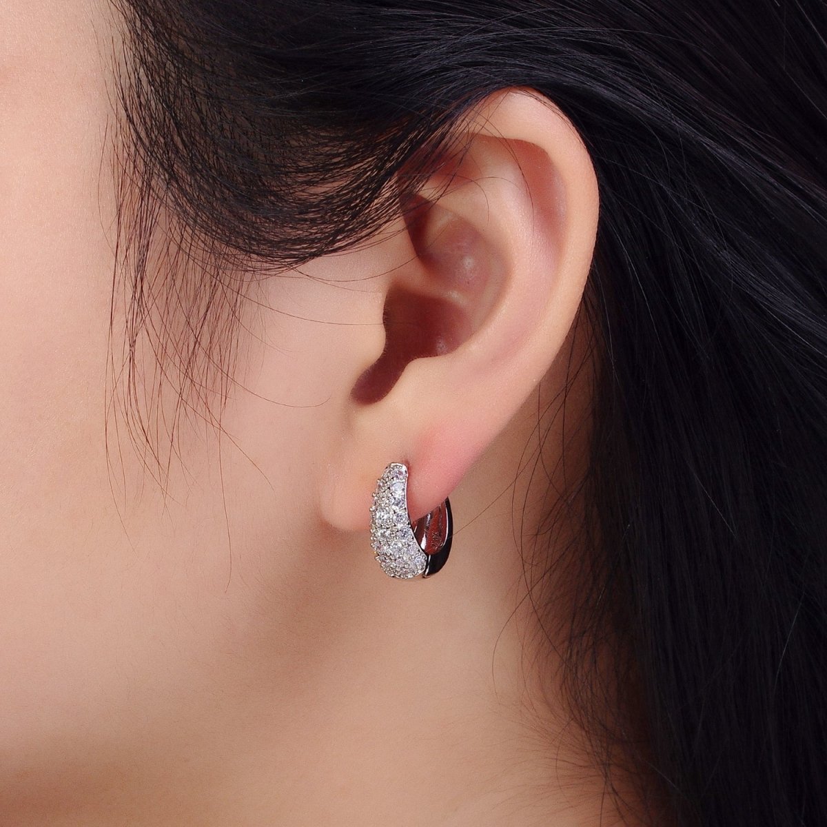 Micro Paved CZ Hoop Earrings Silver hoops Chunky Huggie earrings Party hoops AB1027