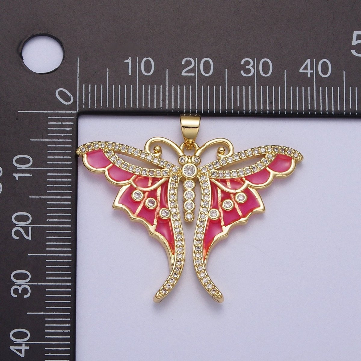 Micro Paved CZ Insect Butterfly Hot Pink Enamel Gold Pendant H-165
