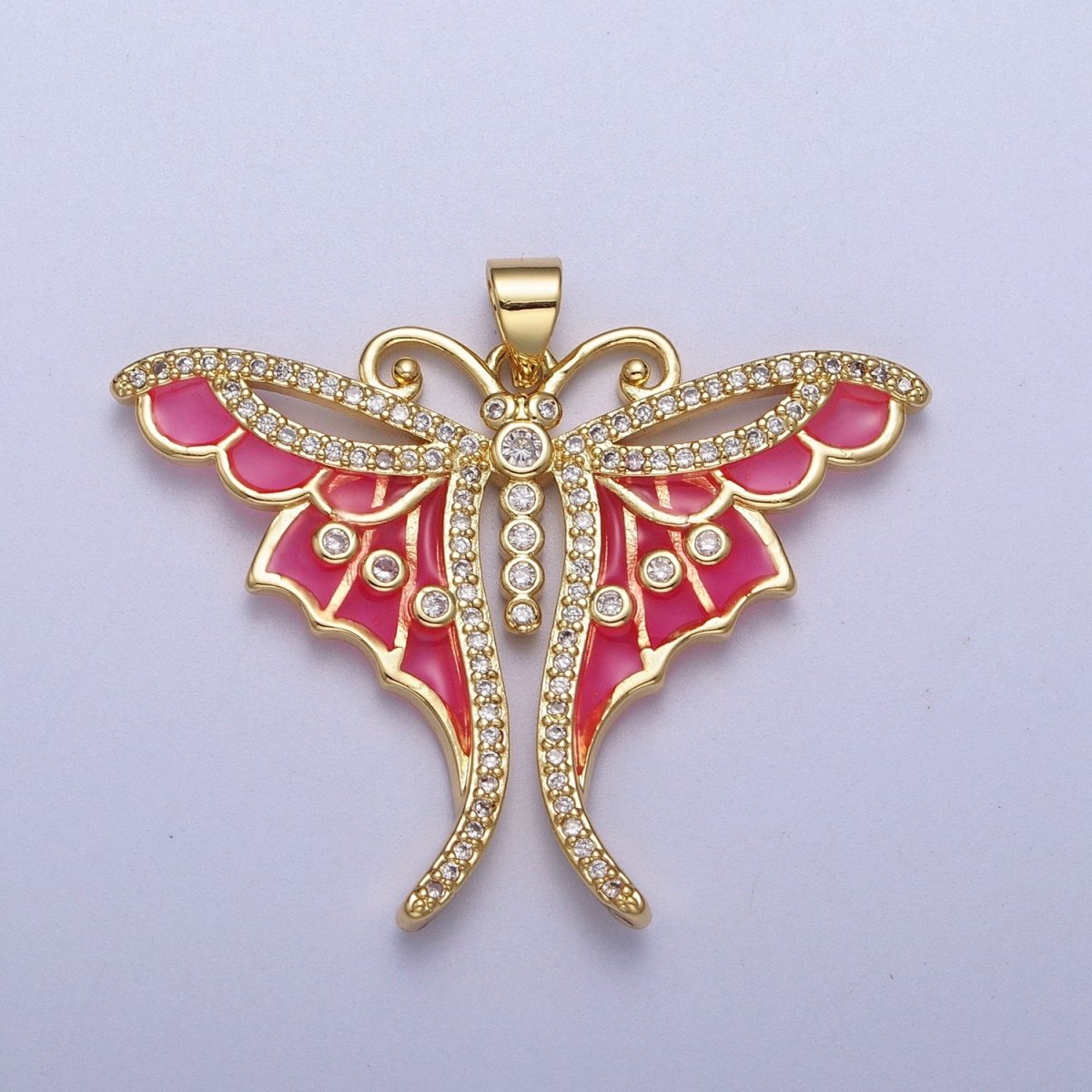 Micro Paved CZ Insect Butterfly Hot Pink Enamel Gold Pendant H-165