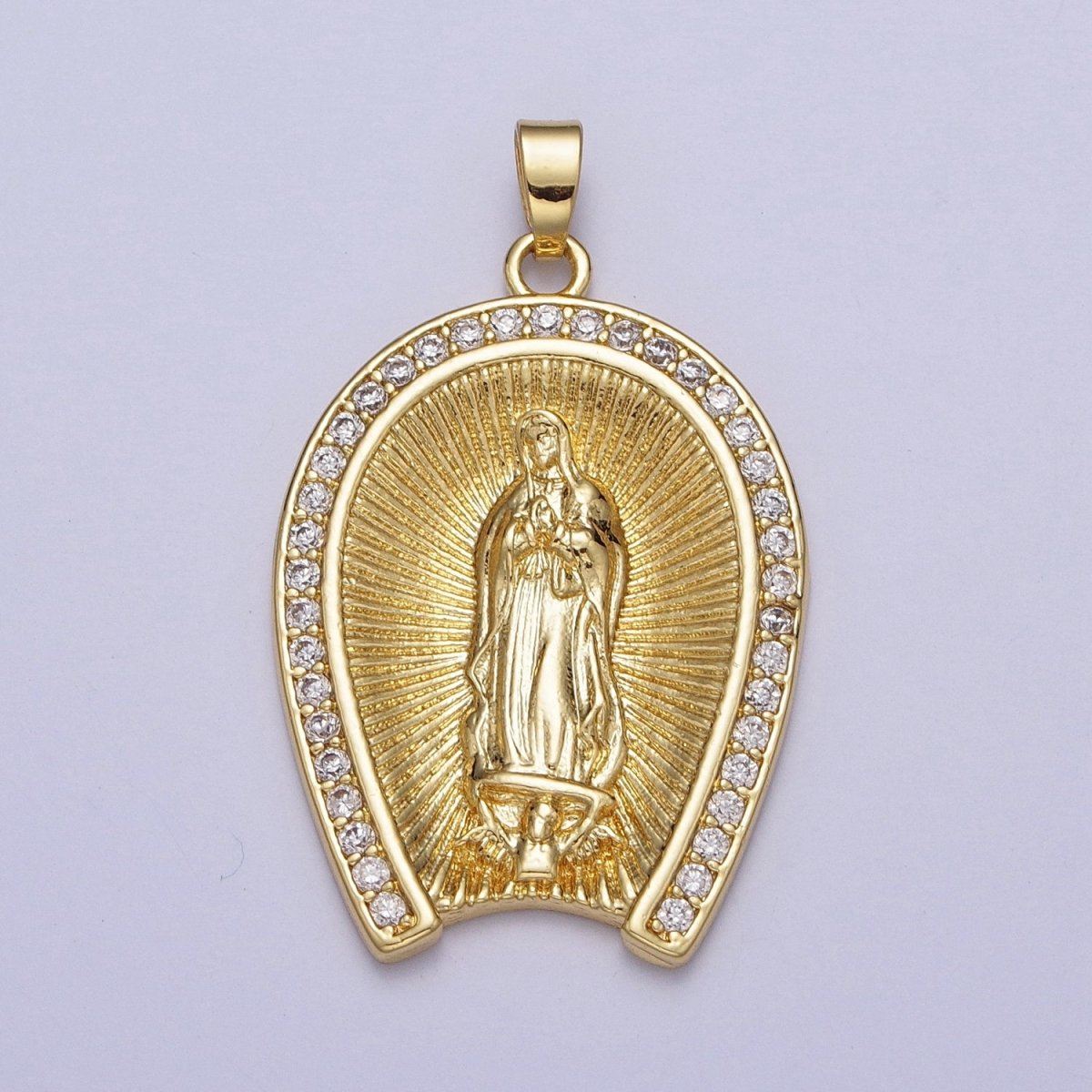 Micro Paved CZ Line Textured Mother Virgin Mary Gold Religious Pendant H-887