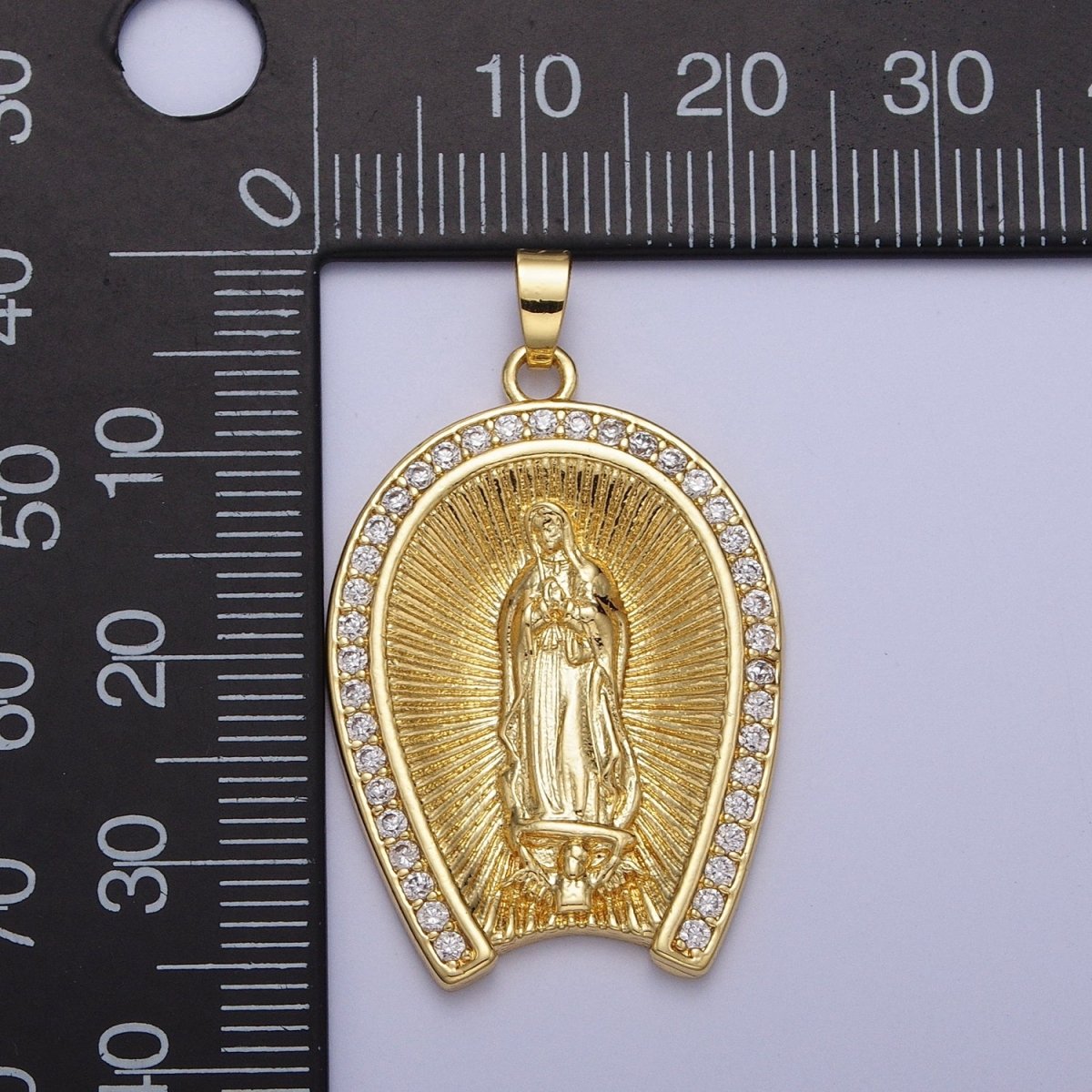 Micro Paved CZ Line Textured Mother Virgin Mary Gold Religious Pendant H-887