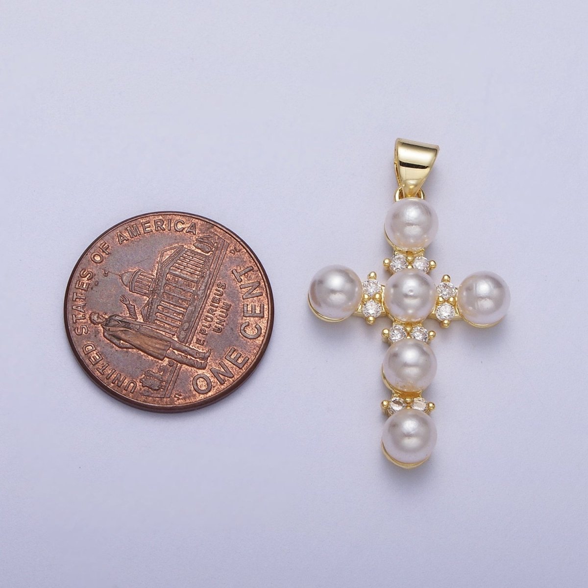 Micro Paved CZ Round White Pearl Religious Cross Gold Pendant  I-275