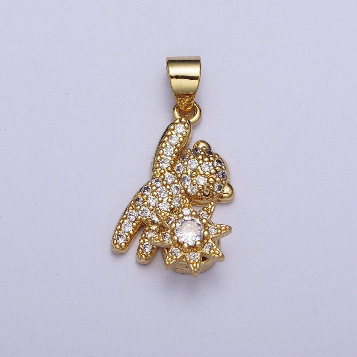 Micro Paved CZ Teddy Bear with Celestial Star Cubic Zirconia Pendant For Jewelry Necklace Making | X-478