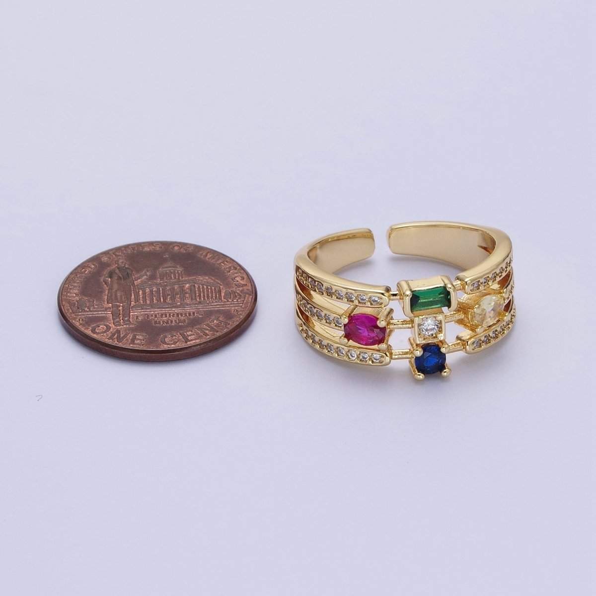 Micro Paved CZ Triple Band Multicolor Oval Round Baguette Cubic Zirconia Statement Gold Ring | O-132