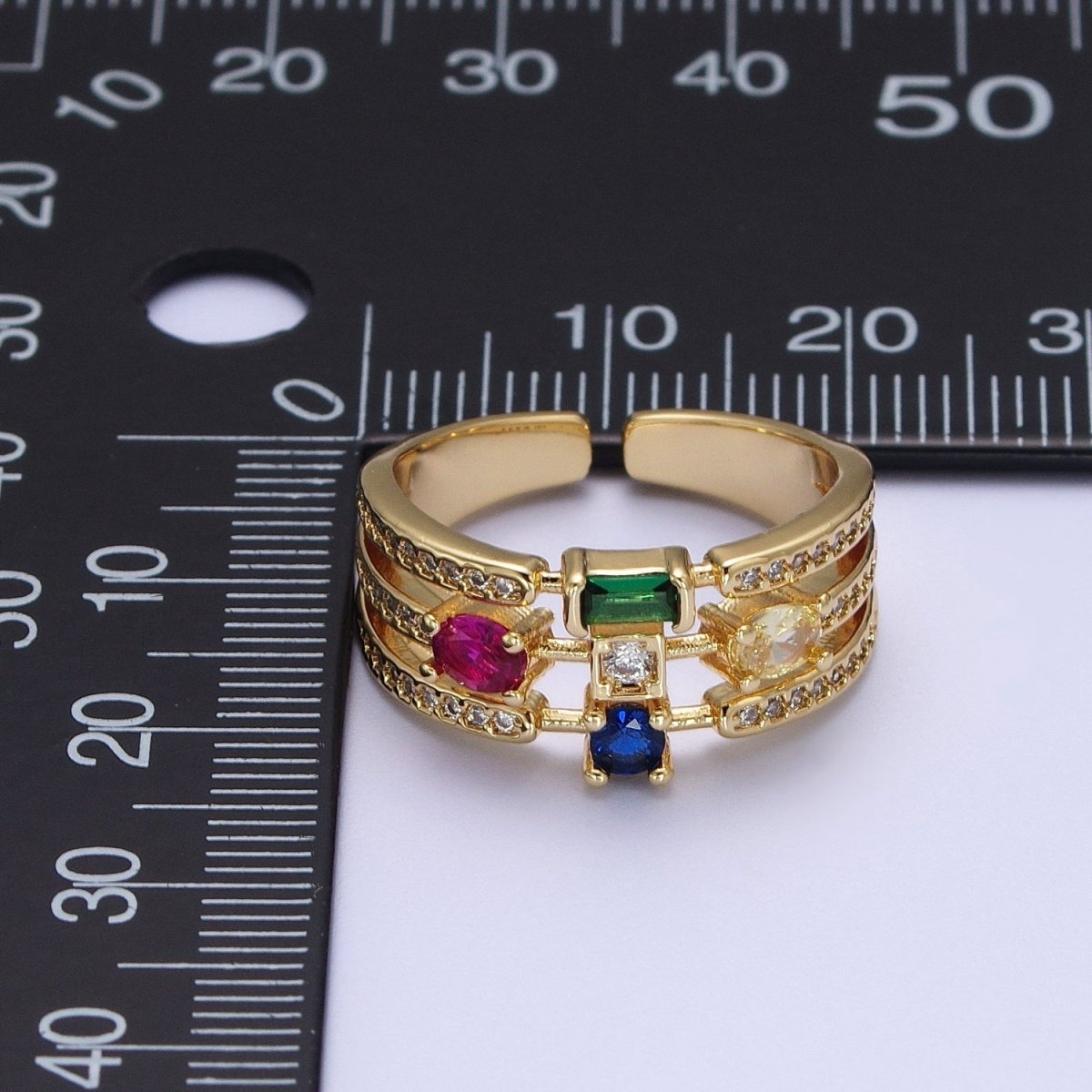 Micro Paved CZ Triple Band Multicolor Oval Round Baguette Cubic Zirconia Statement Gold Ring | O-132