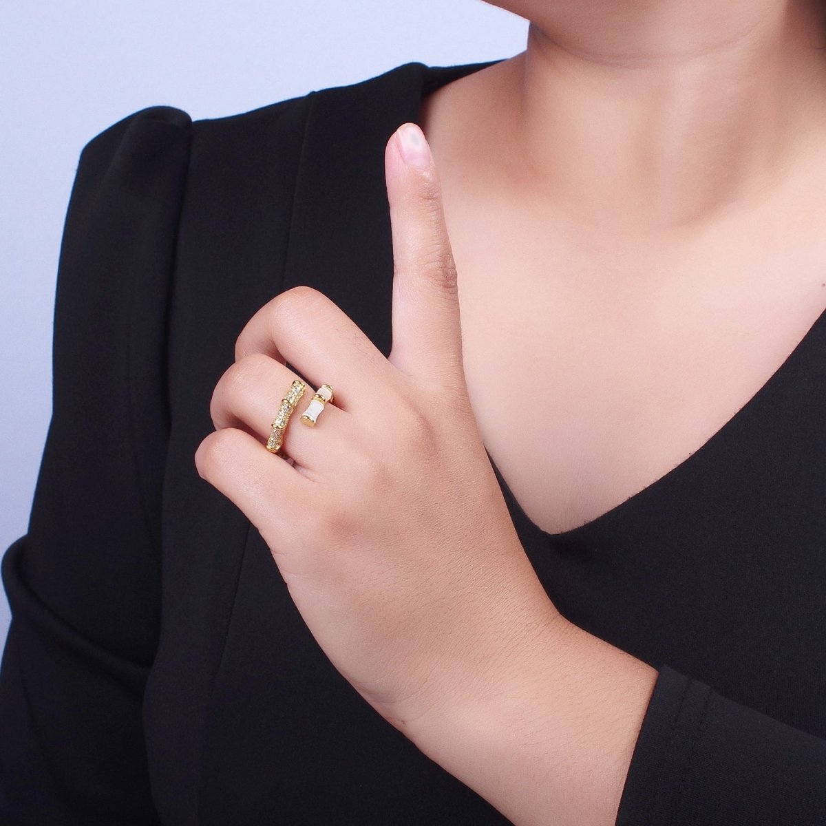 Micro Paved CZ White Cats Eye Bamboo Ring Open Gold Ring | O-023