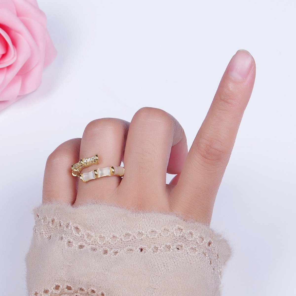 Micro Paved CZ White Cats Eye Bamboo Ring Open Gold Ring | O-023