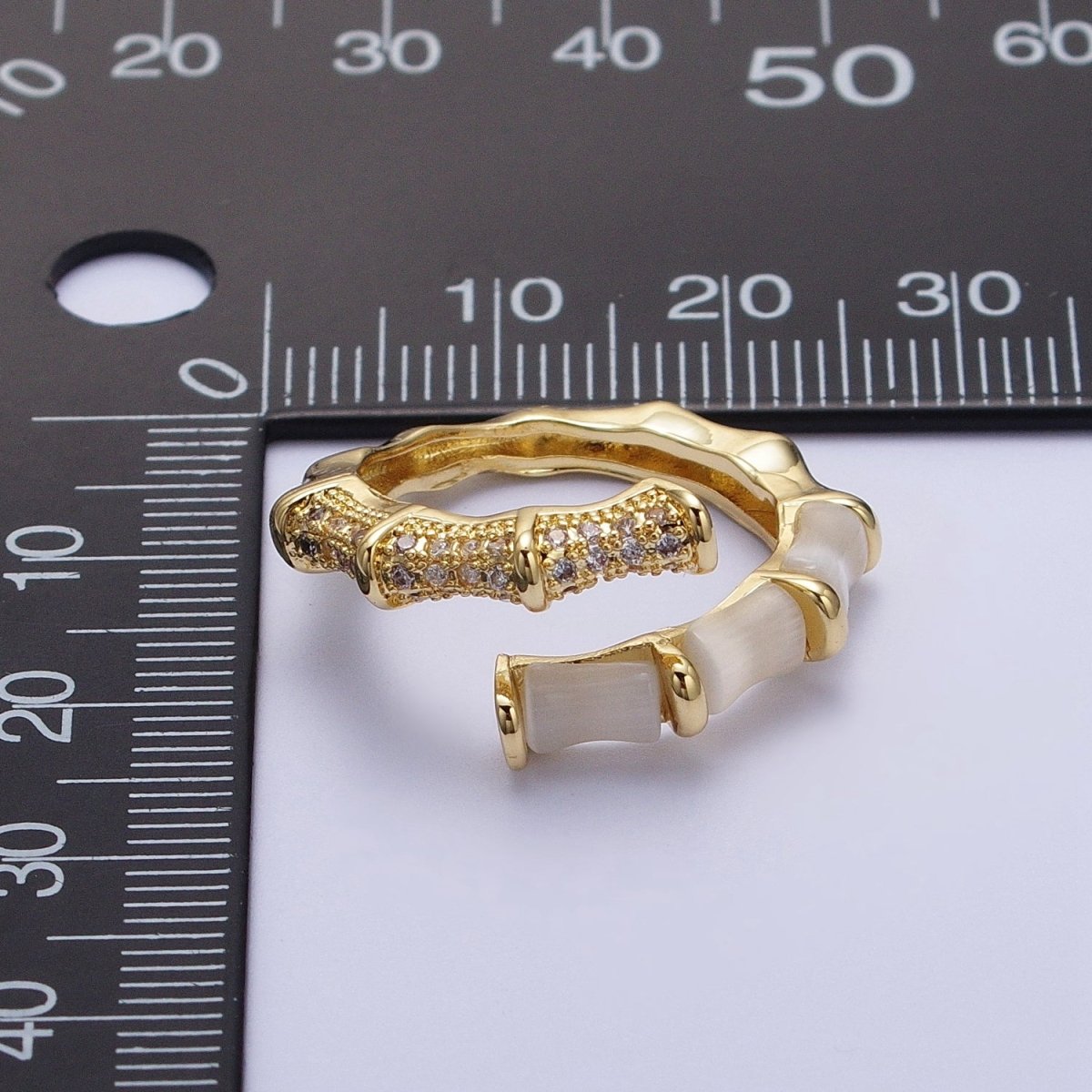Micro Paved CZ White Cats Eye Bamboo Ring Open Gold Ring | O-023