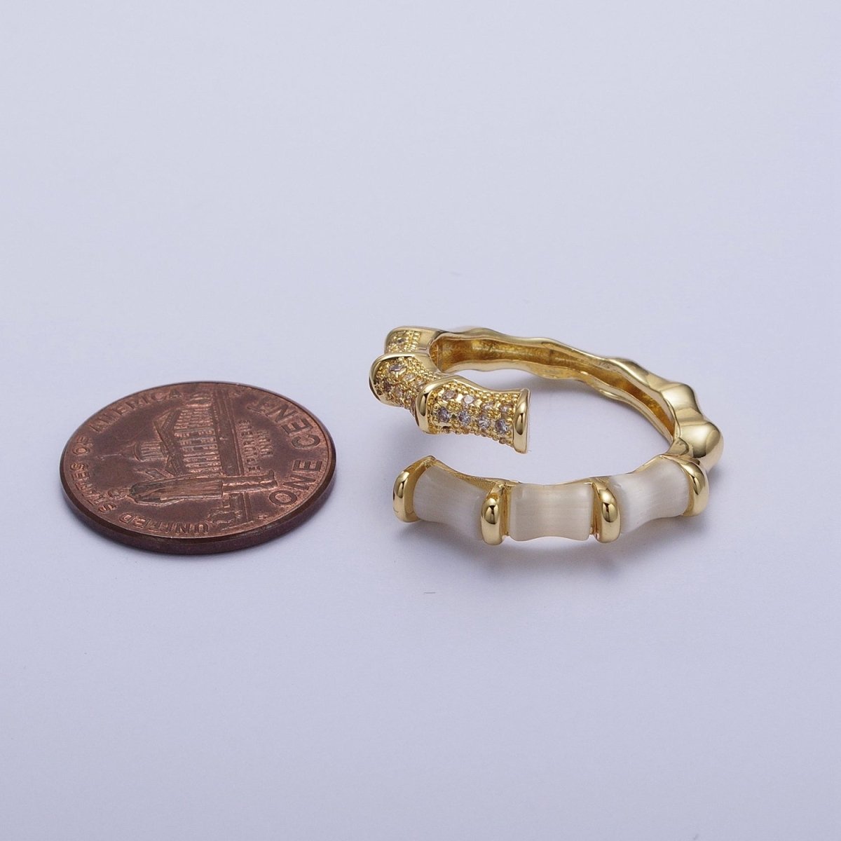 Micro Paved CZ White Cats Eye Bamboo Ring Open Gold Ring | O-023