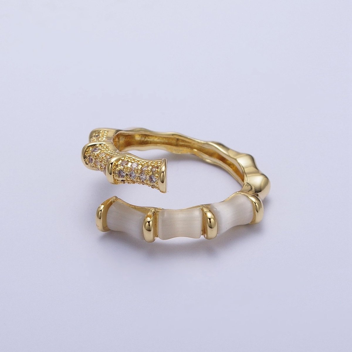 Micro Paved CZ White Cats Eye Bamboo Ring Open Gold Ring | O-023