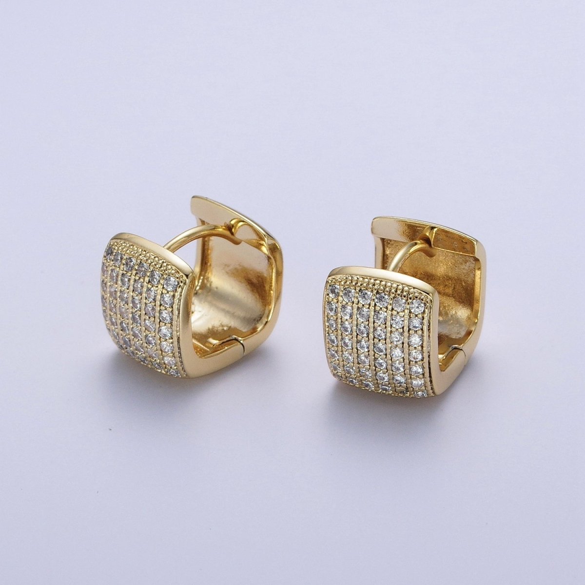 Micro Paved CZ Wide Boxy Geometric Gold Huggie Hoops | AD-055