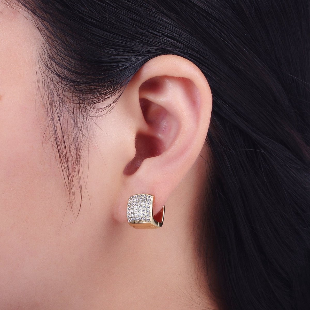 Micro Paved CZ Wide Boxy Geometric Gold Huggie Hoops | AD-055