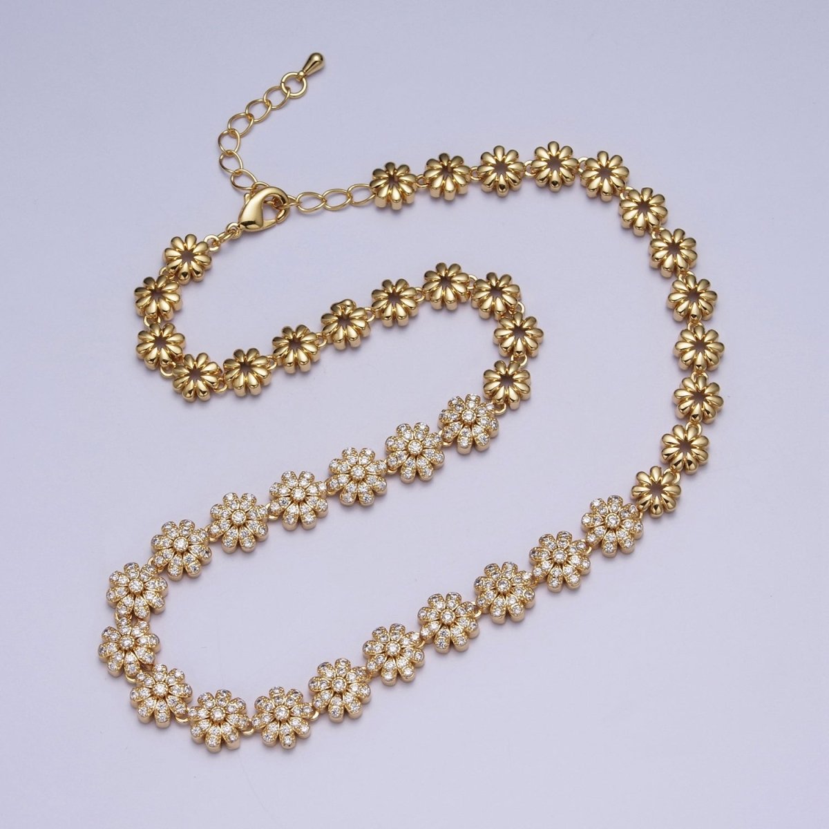 Micro Paved Daisy Flower Mother Nature Flower CZ Link Chain 16 Inch Choker Necklace | WA-1089 Clearance Pricing