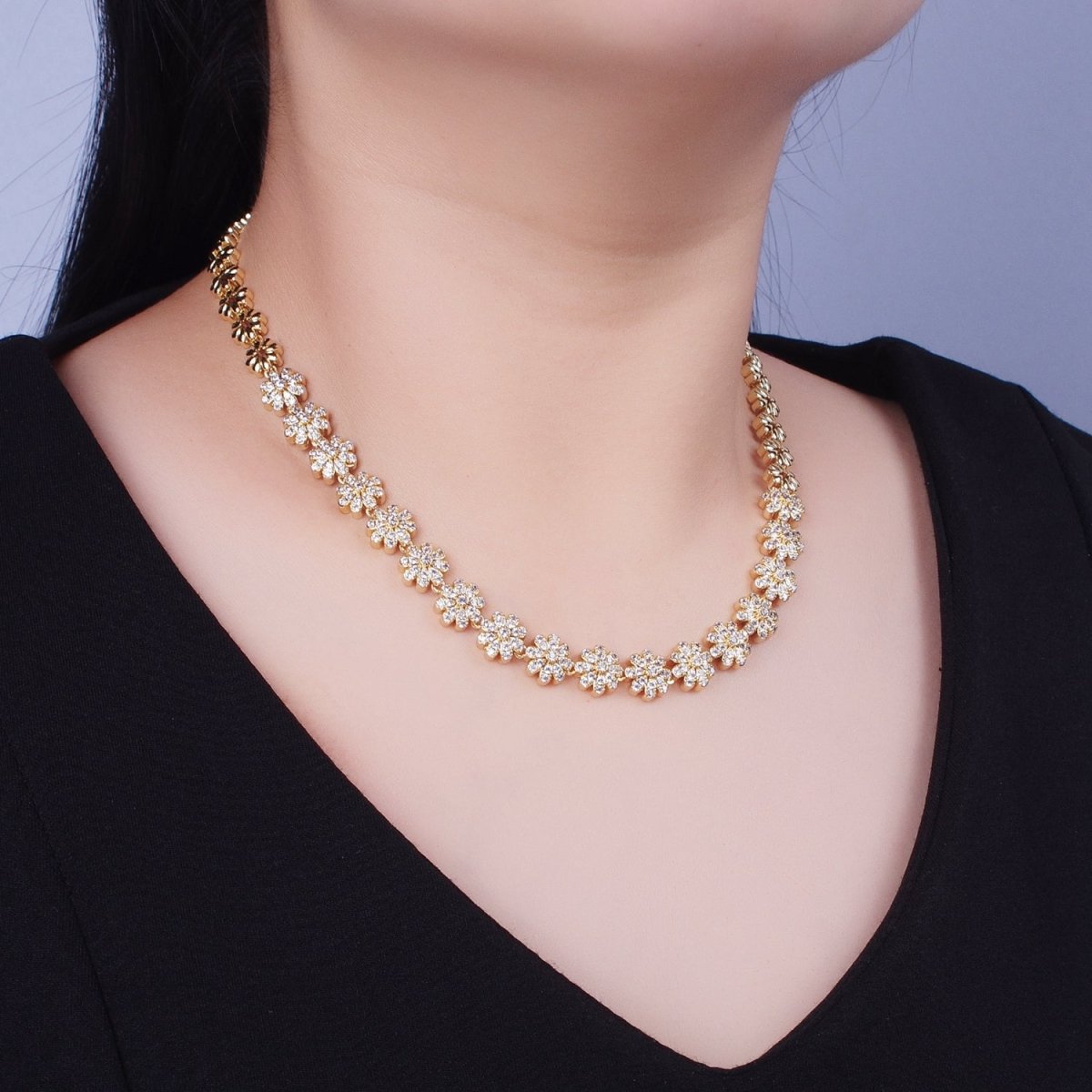 Micro Paved Daisy Flower Mother Nature Flower CZ Link Chain 16 Inch Choker Necklace | WA-1089 Clearance Pricing