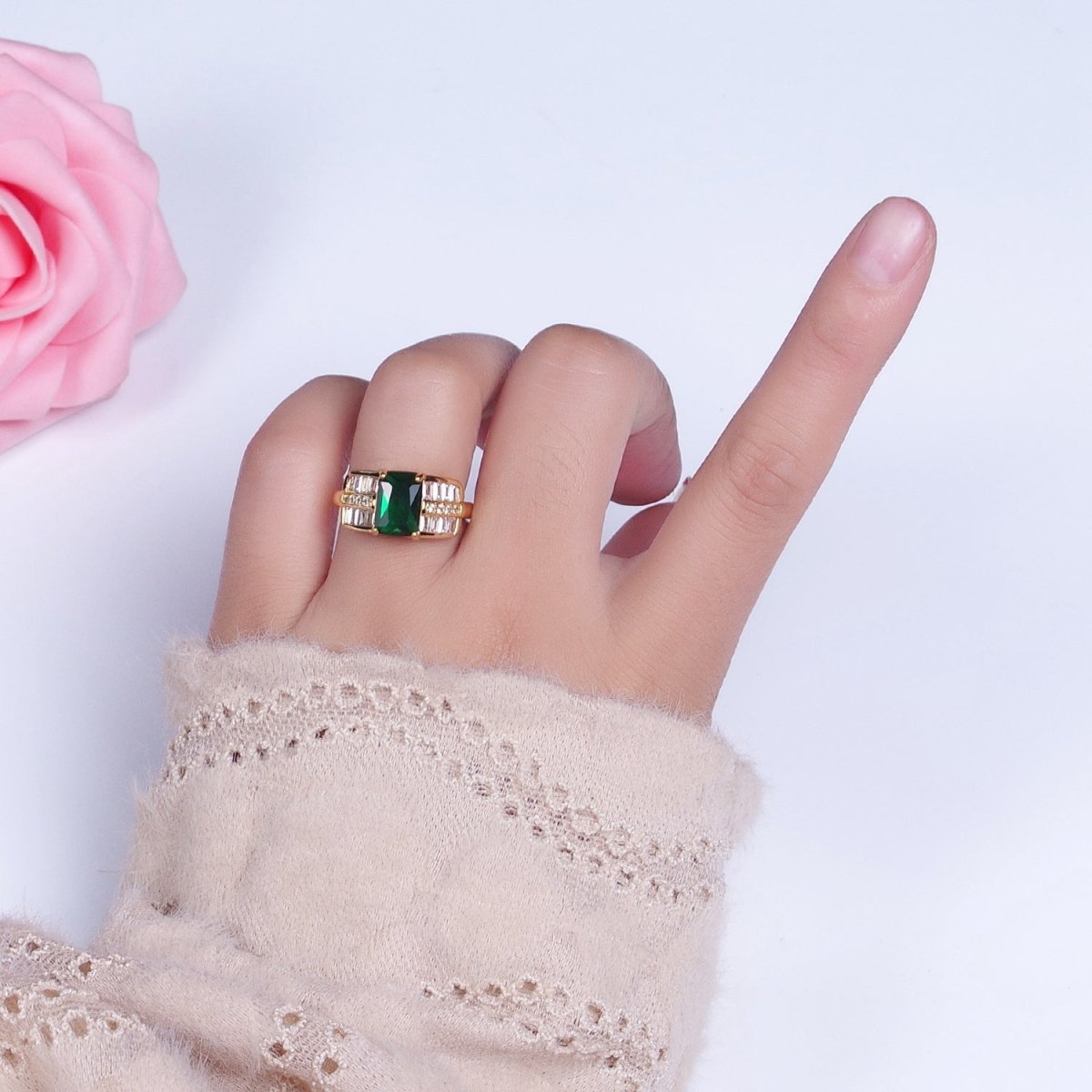 Micro Paved Emerald Green Clear Baguette Cubic Zirconia CZ Promise Statement Ring | O-1985
