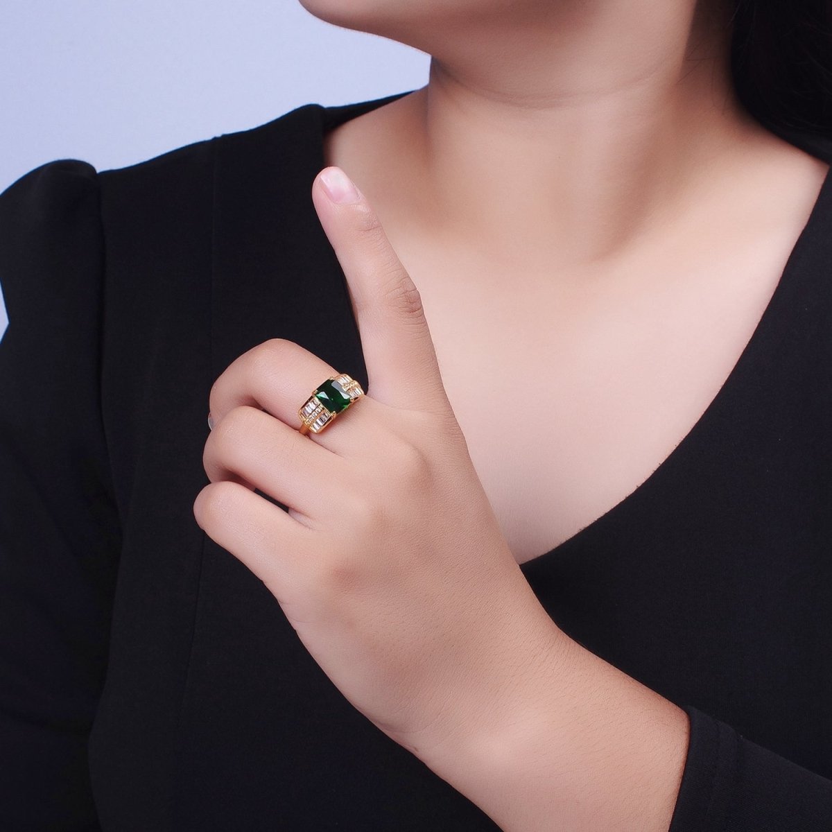 Micro Paved Emerald Green Clear Baguette Cubic Zirconia CZ Promise Statement Ring | O-1985