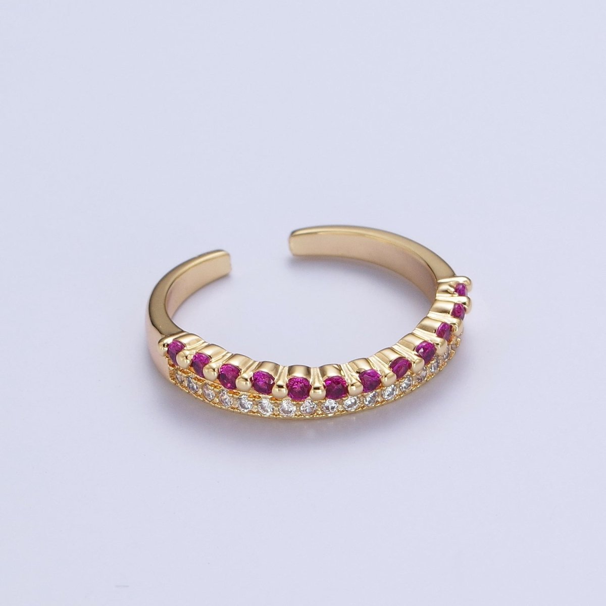 Micro Paved Fuchsia & Green Cubic Zirconia Minimalist Adjustable Gold Ring | U-054