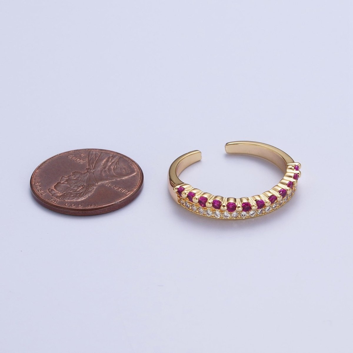 Micro Paved Fuchsia & Green Cubic Zirconia Minimalist Adjustable Gold Ring | U-054