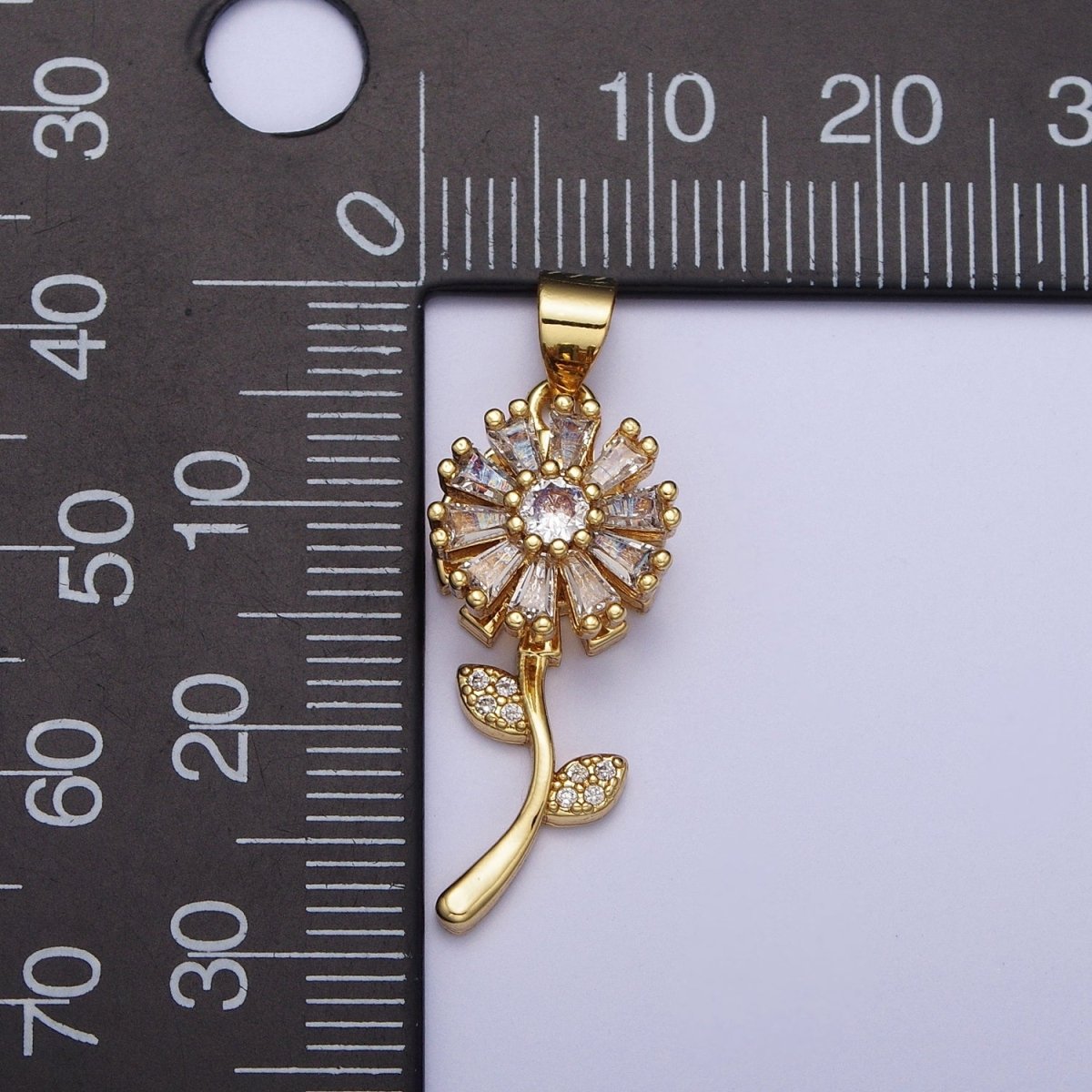 Micro Paved Gold Flower Nature Pendant with Round Baguette Clear Cubic Zirconia | X-476