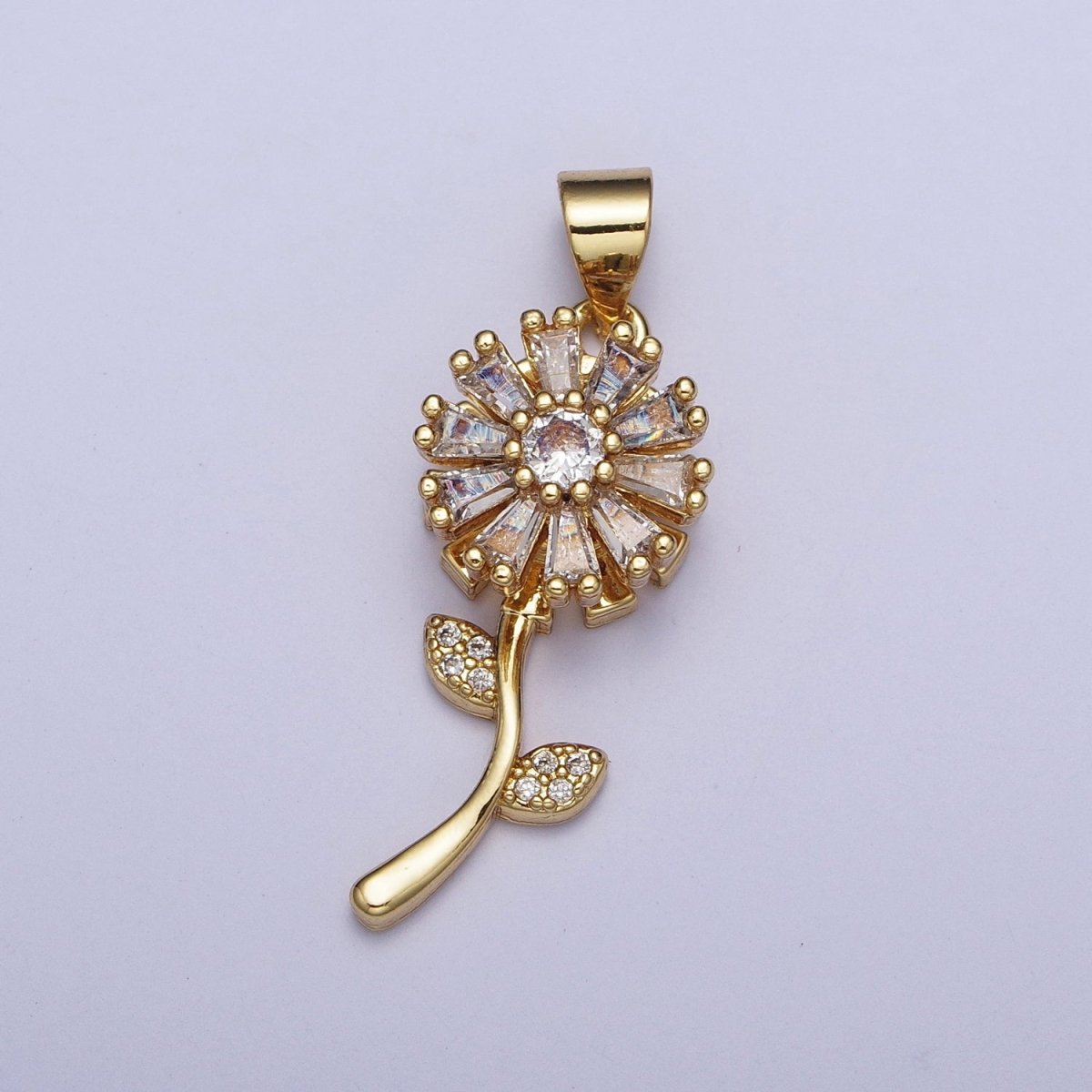 Micro Paved Gold Flower Nature Pendant with Round Baguette Clear Cubic Zirconia | X-476