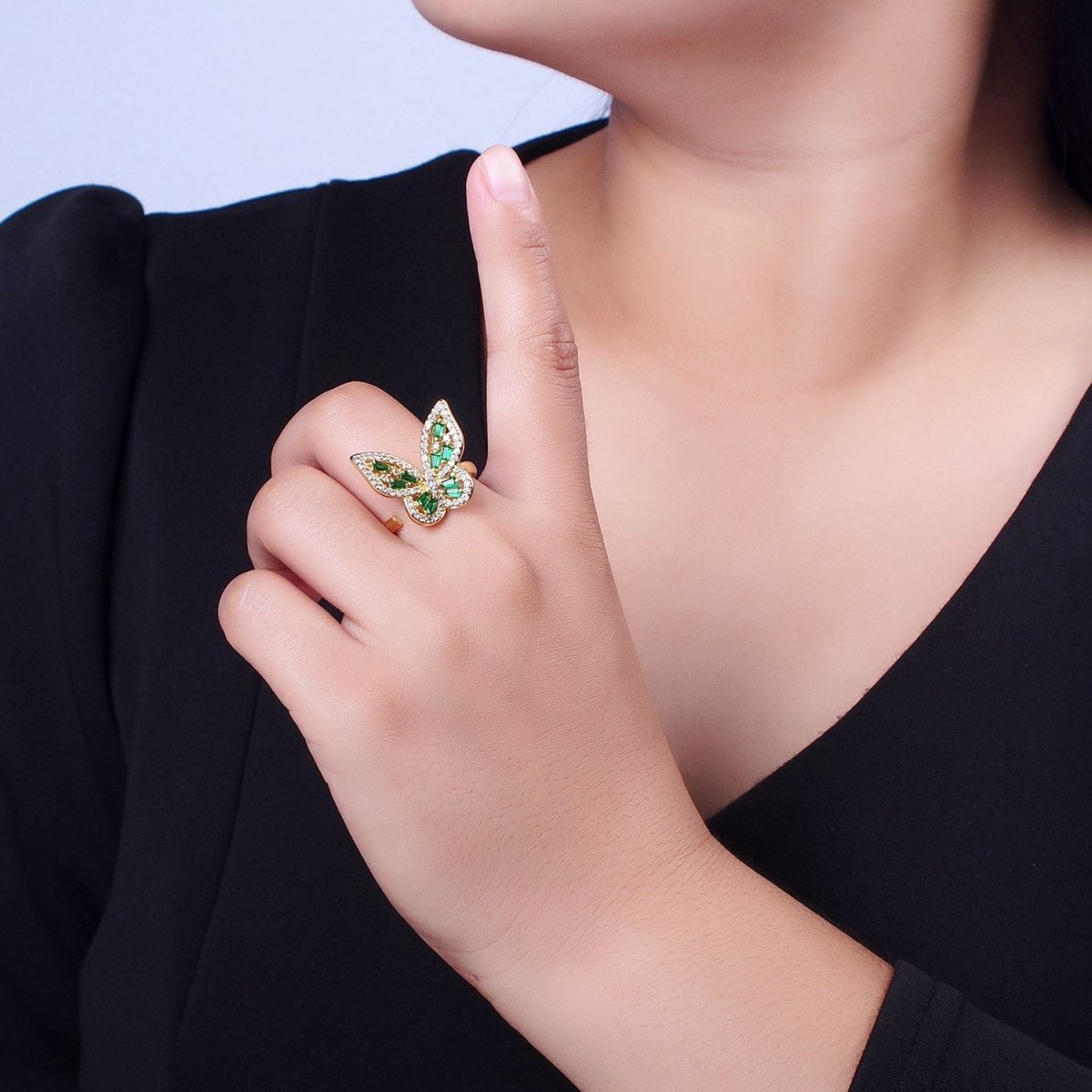Micro Paved Gold Green Baguette Mariposa Butterfly Adjustable Ring | O-059