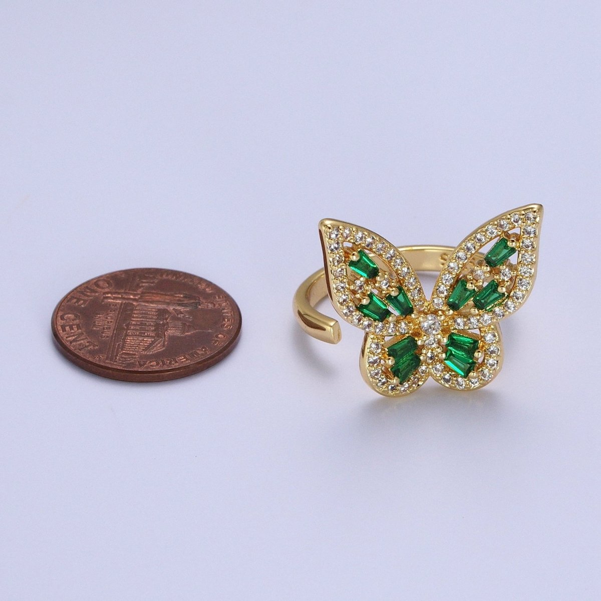 Micro Paved Gold Green Baguette Mariposa Butterfly Adjustable Ring | O-059