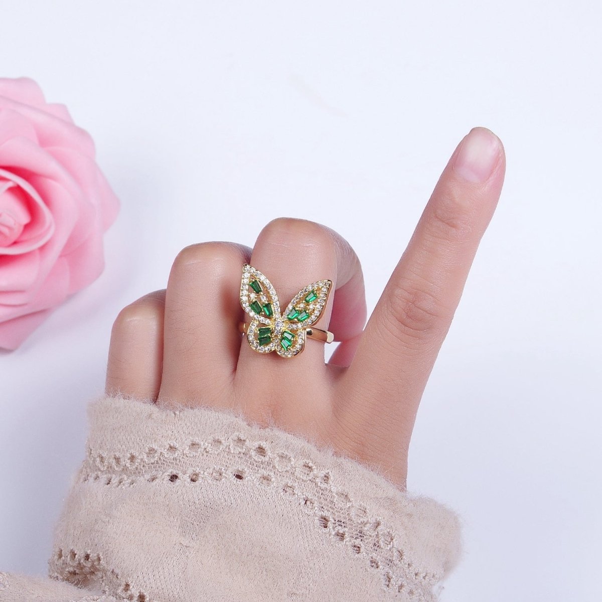 Micro Paved Gold Green Baguette Mariposa Butterfly Adjustable Ring | O-059