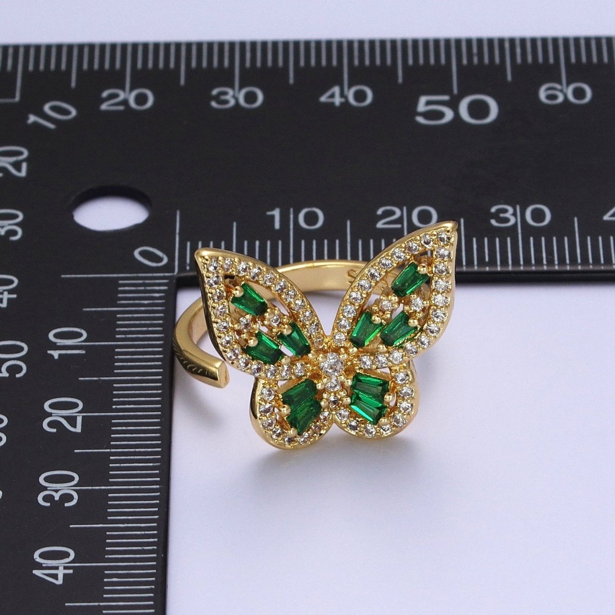 Micro Paved Gold Green Baguette Mariposa Butterfly Adjustable Ring | O-059
