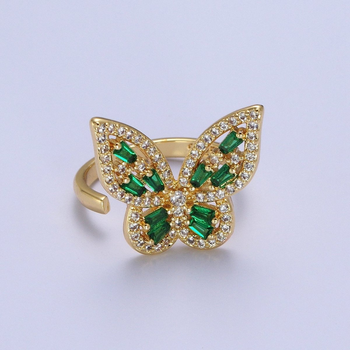 Micro Paved Gold Green Baguette Mariposa Butterfly Adjustable Ring | O-059