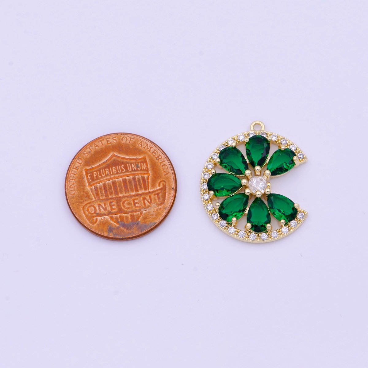 Micro Paved Green Teardrop Cubic Zirconia Crescent Moon Flower Charm D-569