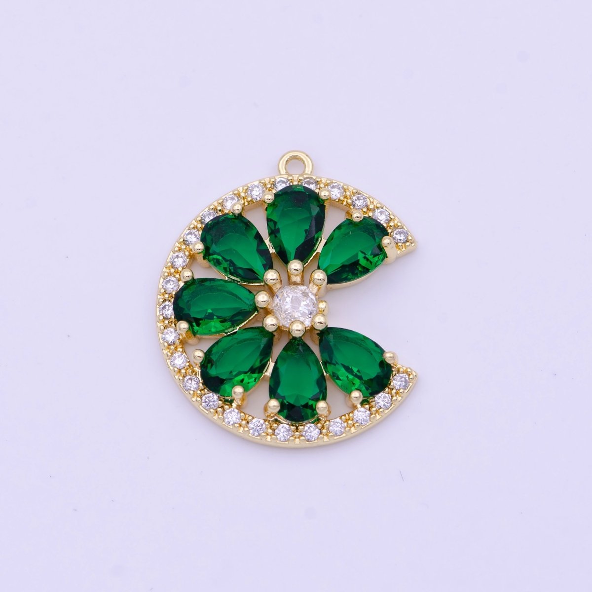 Micro Paved Green Teardrop Cubic Zirconia Crescent Moon Flower Charm D-569