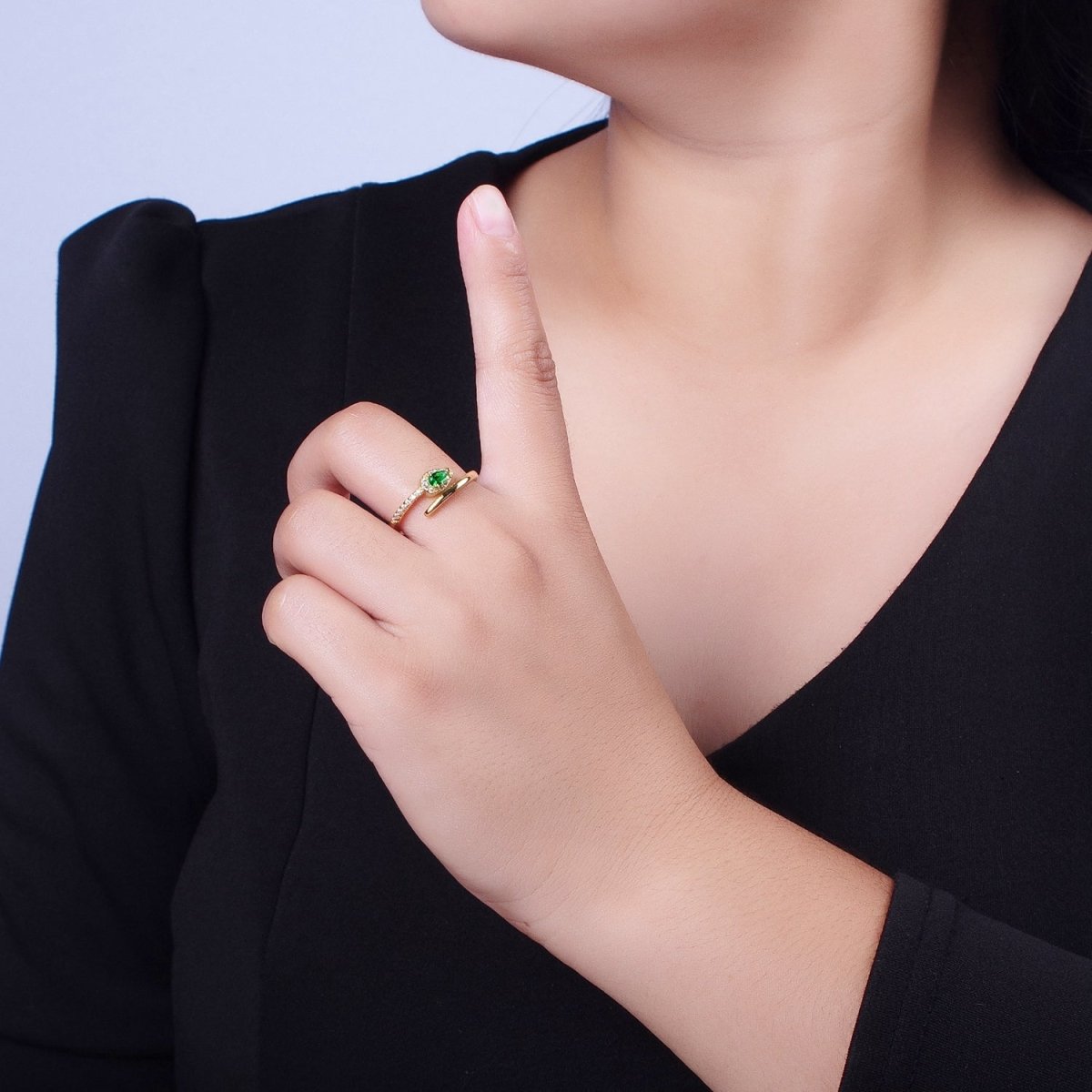 Micro Paved Green Teardrop CZ Minimalist Adjustable Ring | O-060