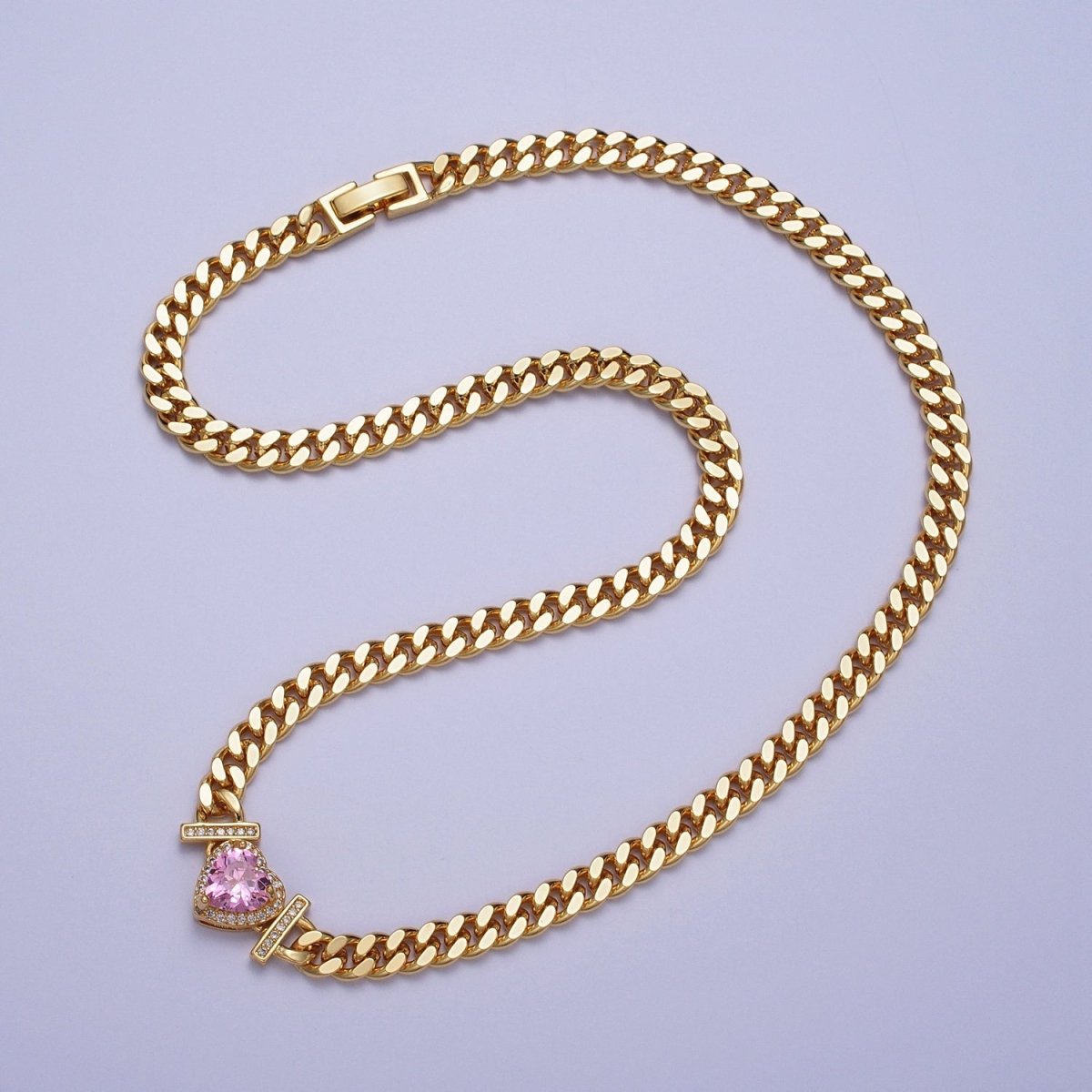 Micro Paved Heart Cubic Zirconia Stones Gold Cuban Curb Chain Necklace | WA-1091 - WA-1097 Clearance Pricing