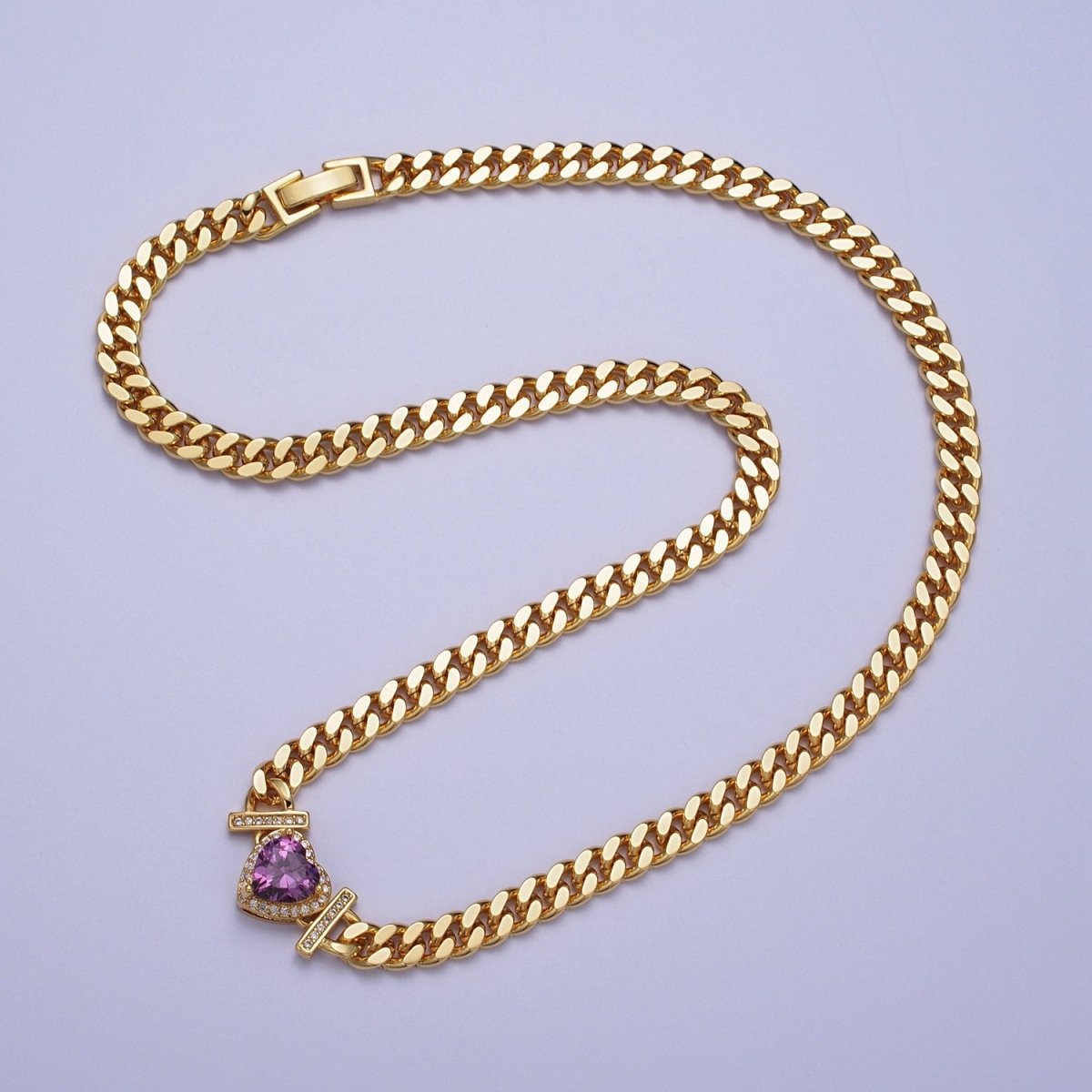 Micro Paved Heart Cubic Zirconia Stones Gold Cuban Curb Chain Necklace | WA-1091 - WA-1097 Clearance Pricing