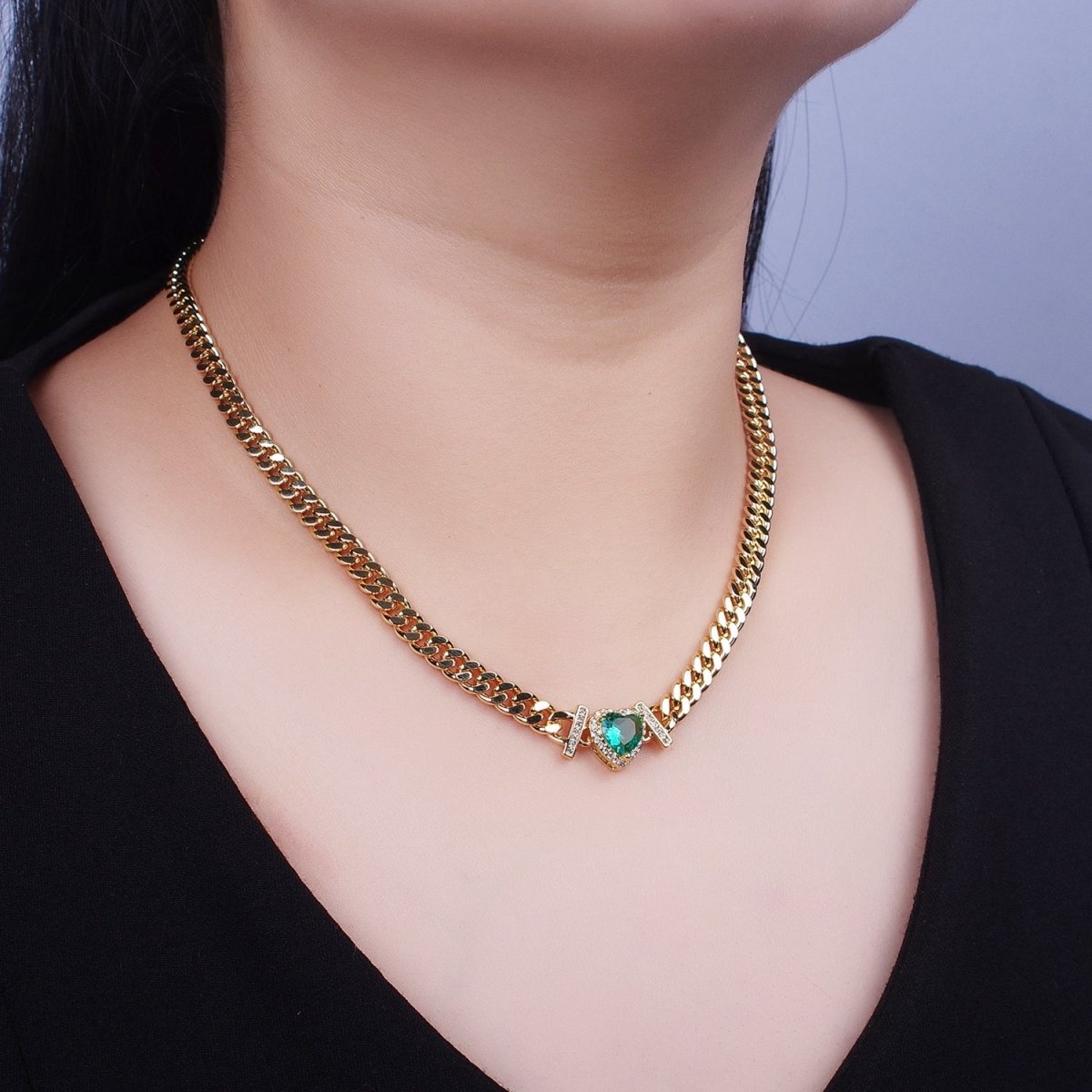 Micro Paved Heart Cubic Zirconia Stones Gold Cuban Curb Chain Necklace | WA-1091 - WA-1097 Clearance Pricing