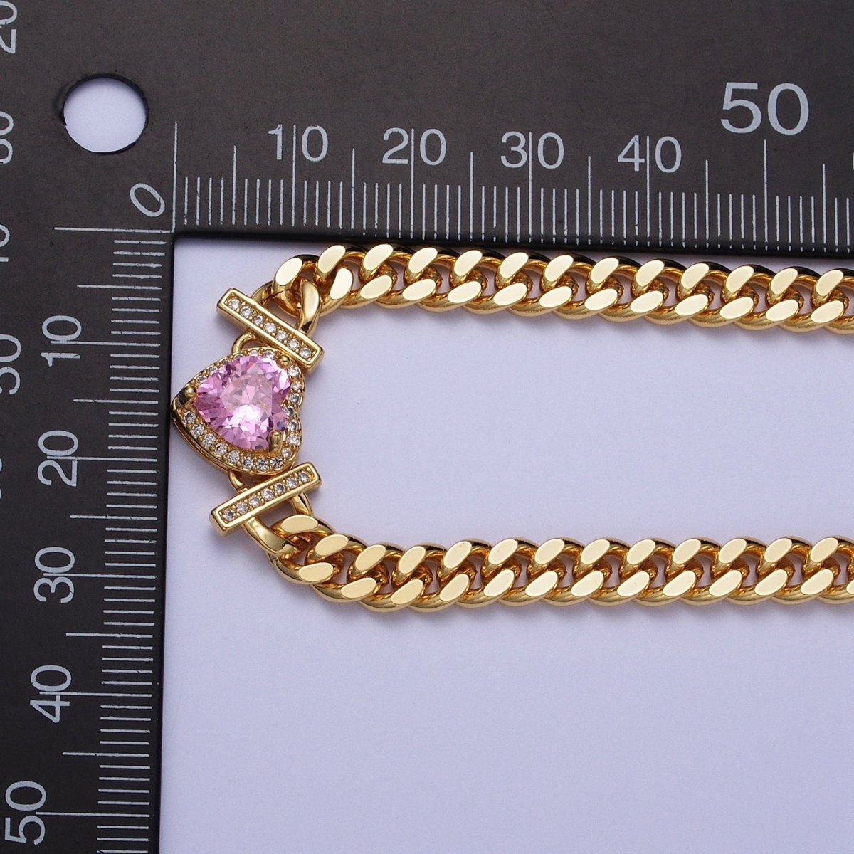 Micro Paved Heart Cubic Zirconia Stones Gold Cuban Curb Chain Necklace | WA-1091 - WA-1097 Clearance Pricing