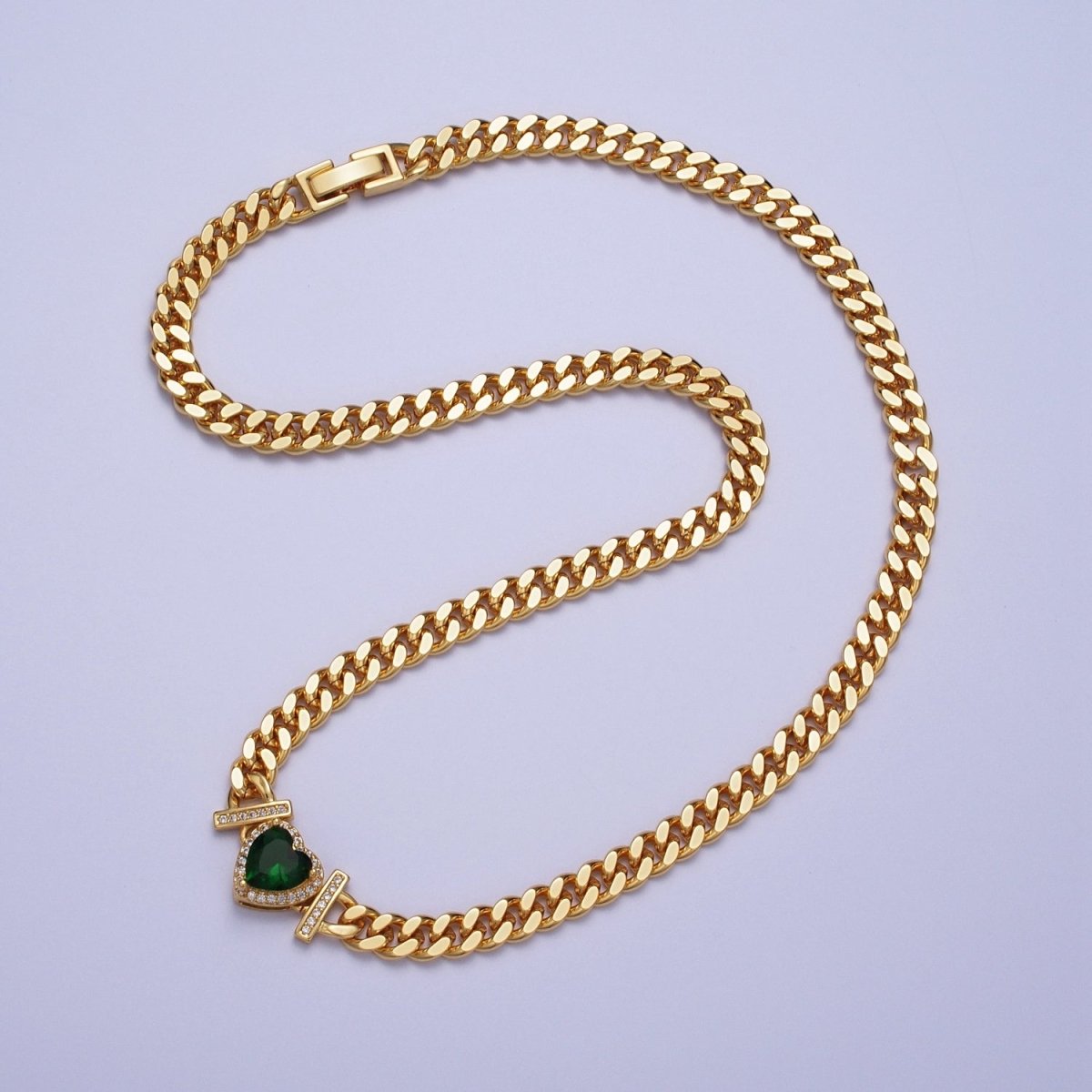 Micro Paved Heart Cubic Zirconia Stones Gold Cuban Curb Chain Necklace | WA-1091 - WA-1097 Clearance Pricing