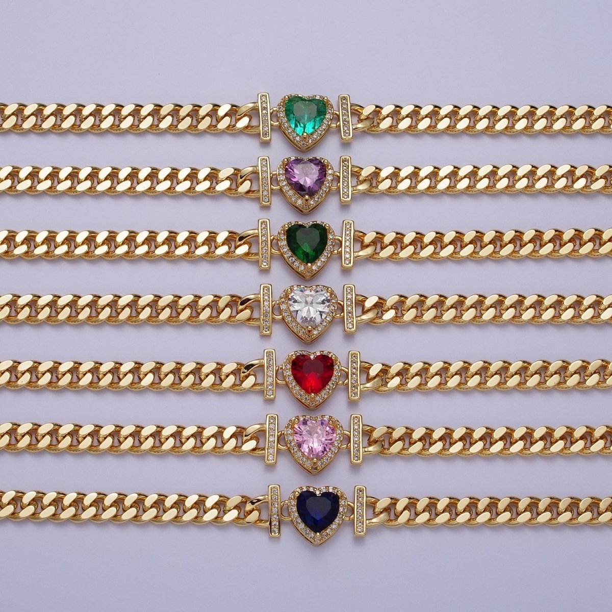 Micro Paved Heart Cubic Zirconia Stones Gold Cuban Curb Chain Necklace | WA-1091 - WA-1097 Clearance Pricing