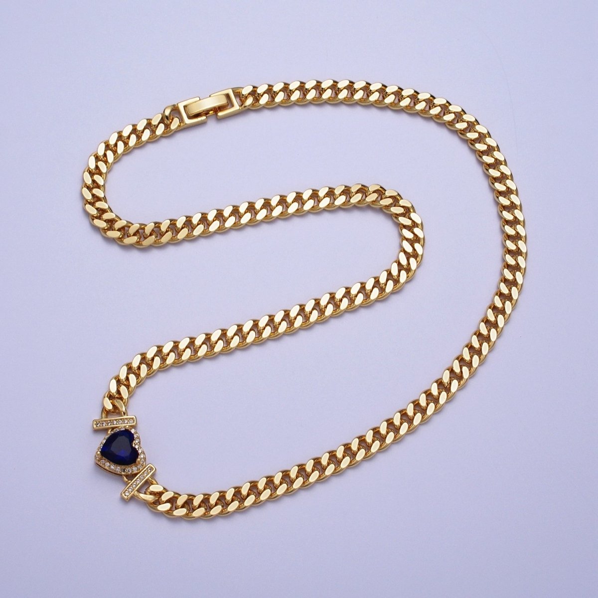 Micro Paved Heart Cubic Zirconia Stones Gold Cuban Curb Chain Necklace | WA-1091 - WA-1097 Clearance Pricing