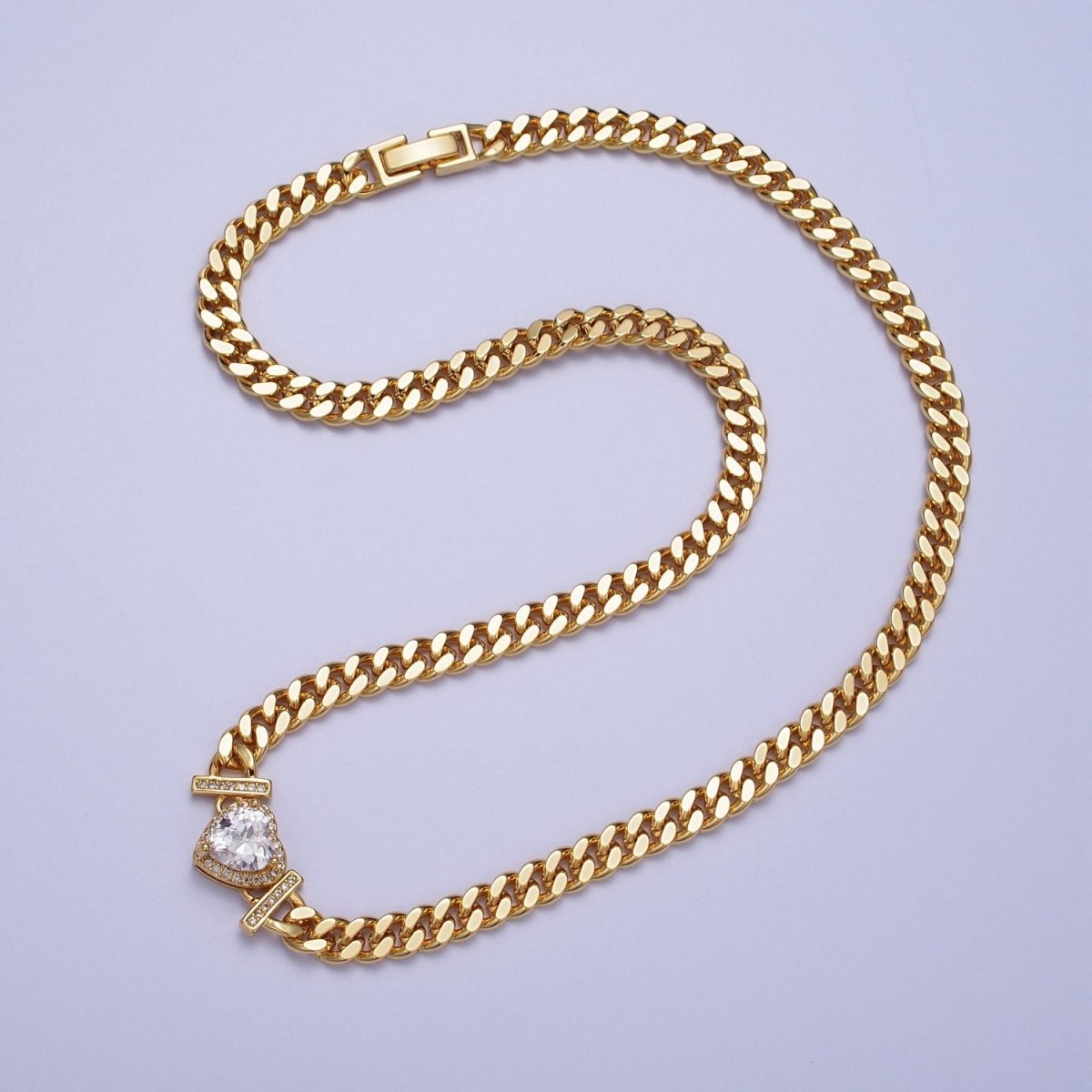 Micro Paved Heart Cubic Zirconia Stones Gold Cuban Curb Chain Necklace | WA-1091 - WA-1097 Clearance Pricing
