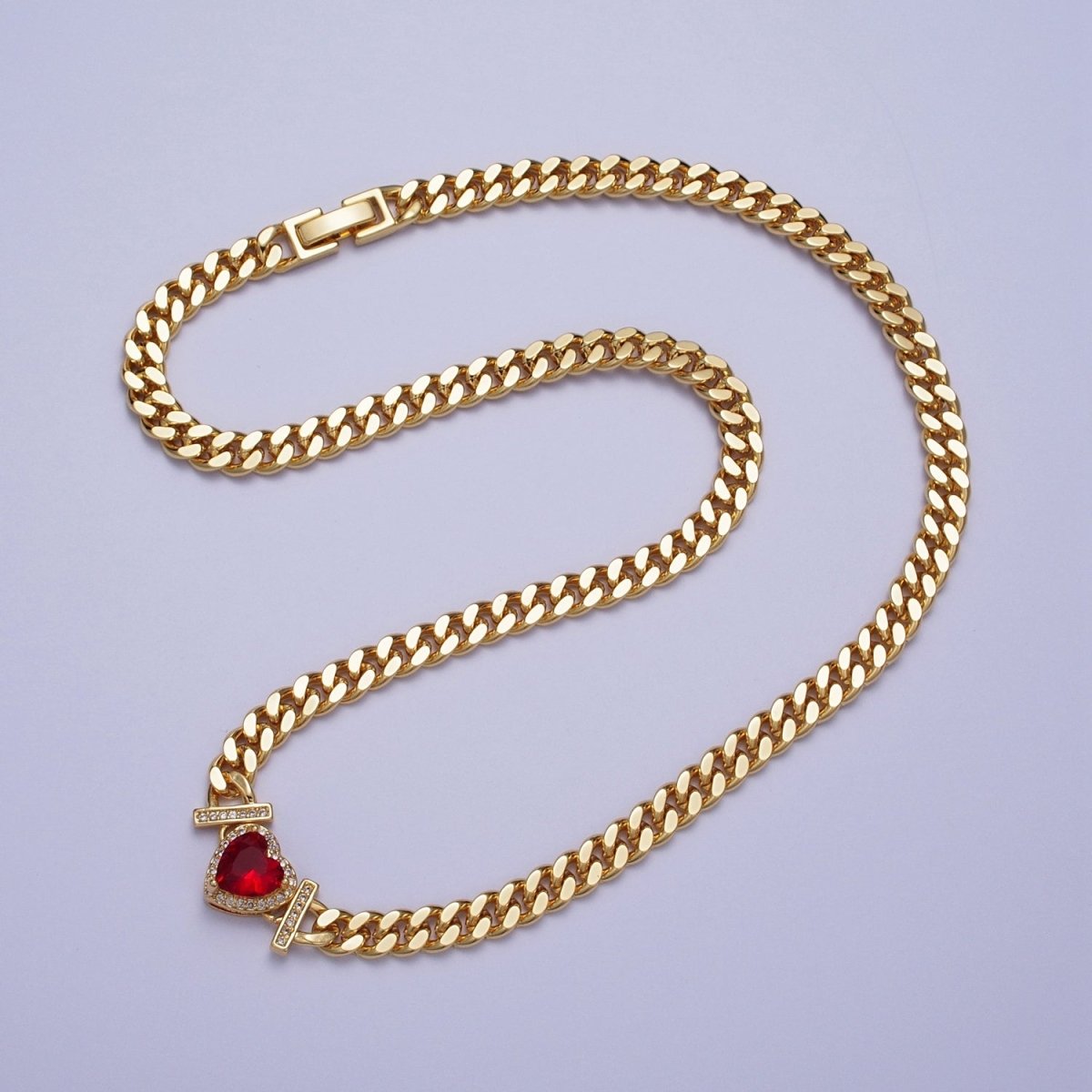 Micro Paved Heart Cubic Zirconia Stones Gold Cuban Curb Chain Necklace | WA-1091 - WA-1097 Clearance Pricing