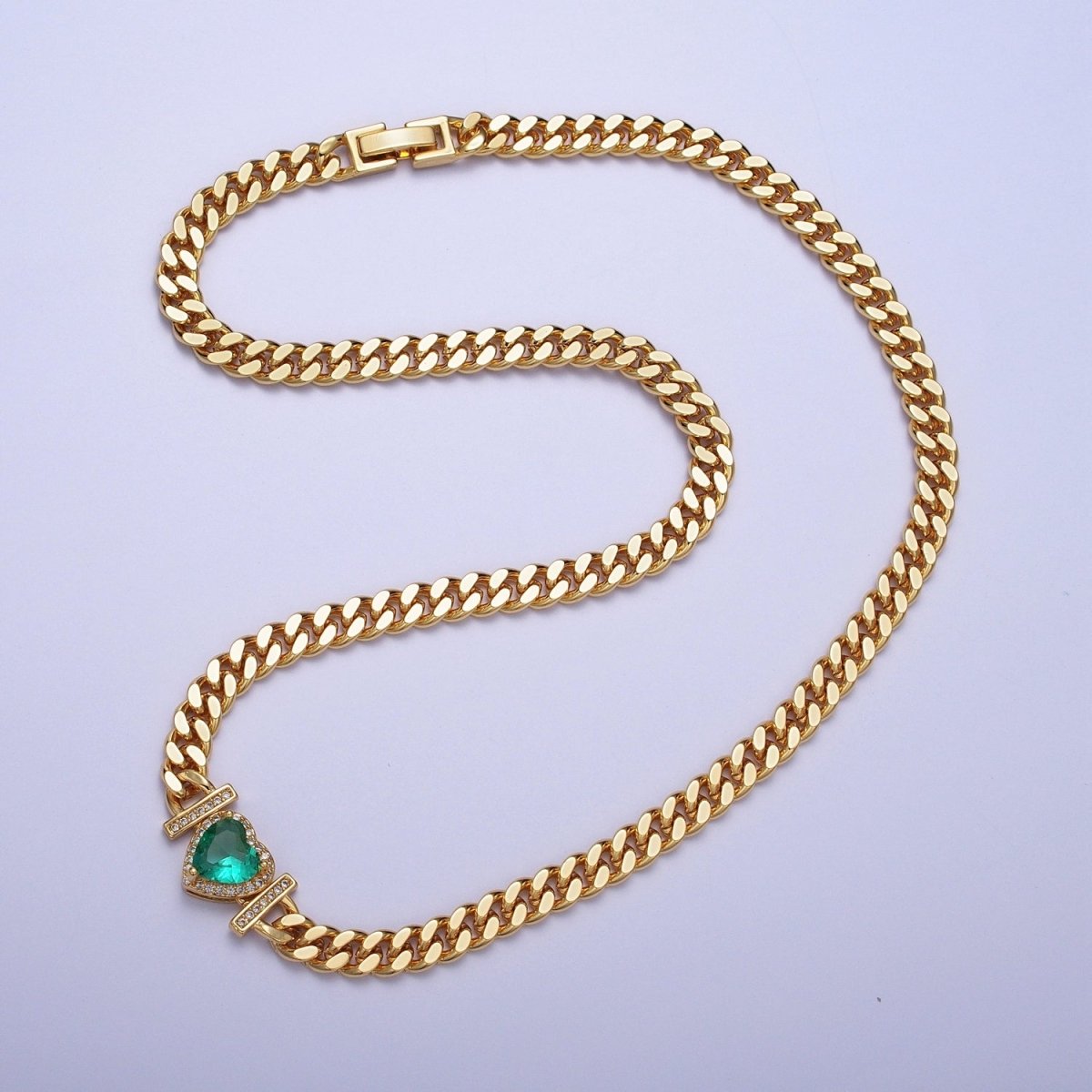 Micro Paved Heart Cubic Zirconia Stones Gold Cuban Curb Chain Necklace | WA-1091 - WA-1097 Clearance Pricing