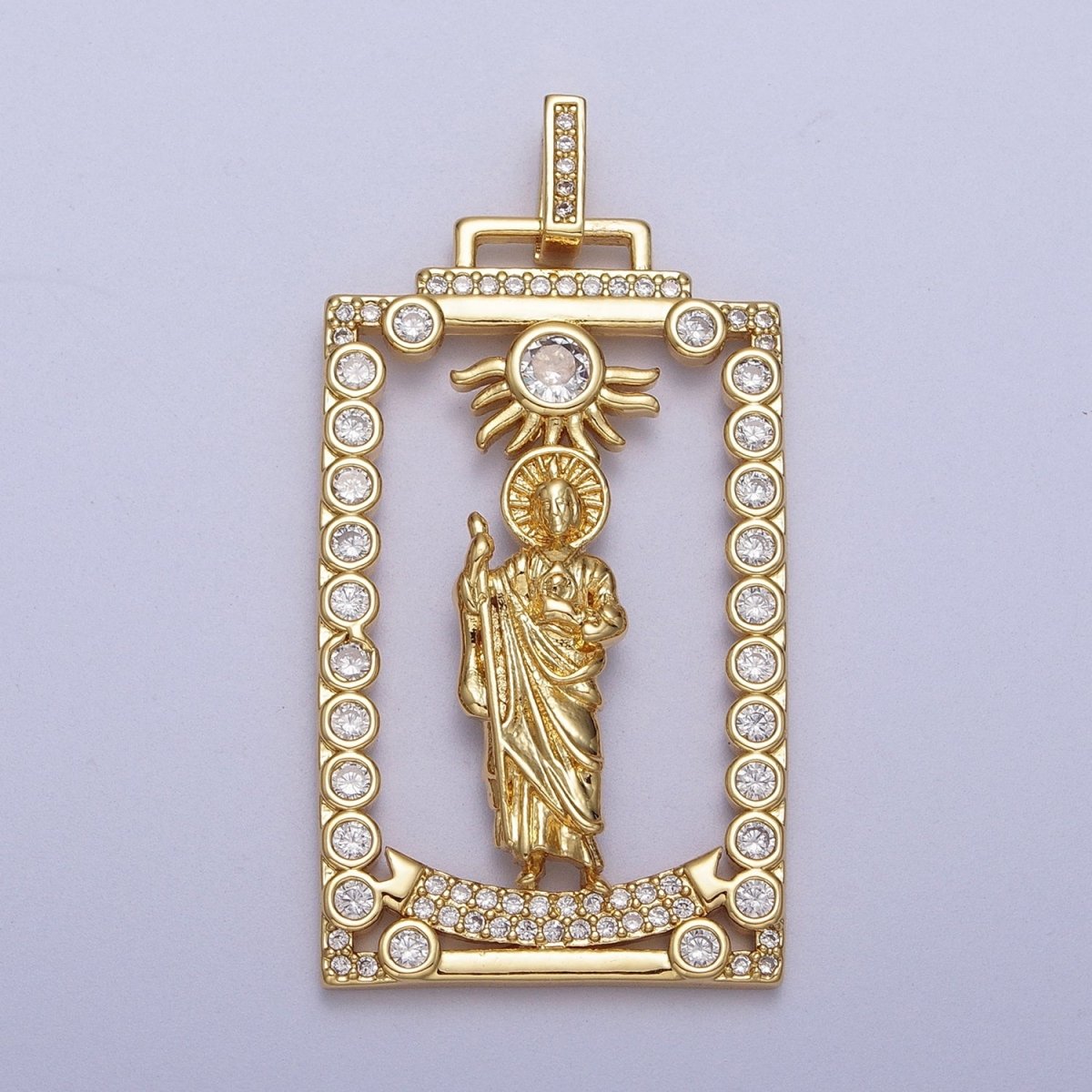Micro Paved Saint Jude Religious Open Rectangular Gold Pendant H-811