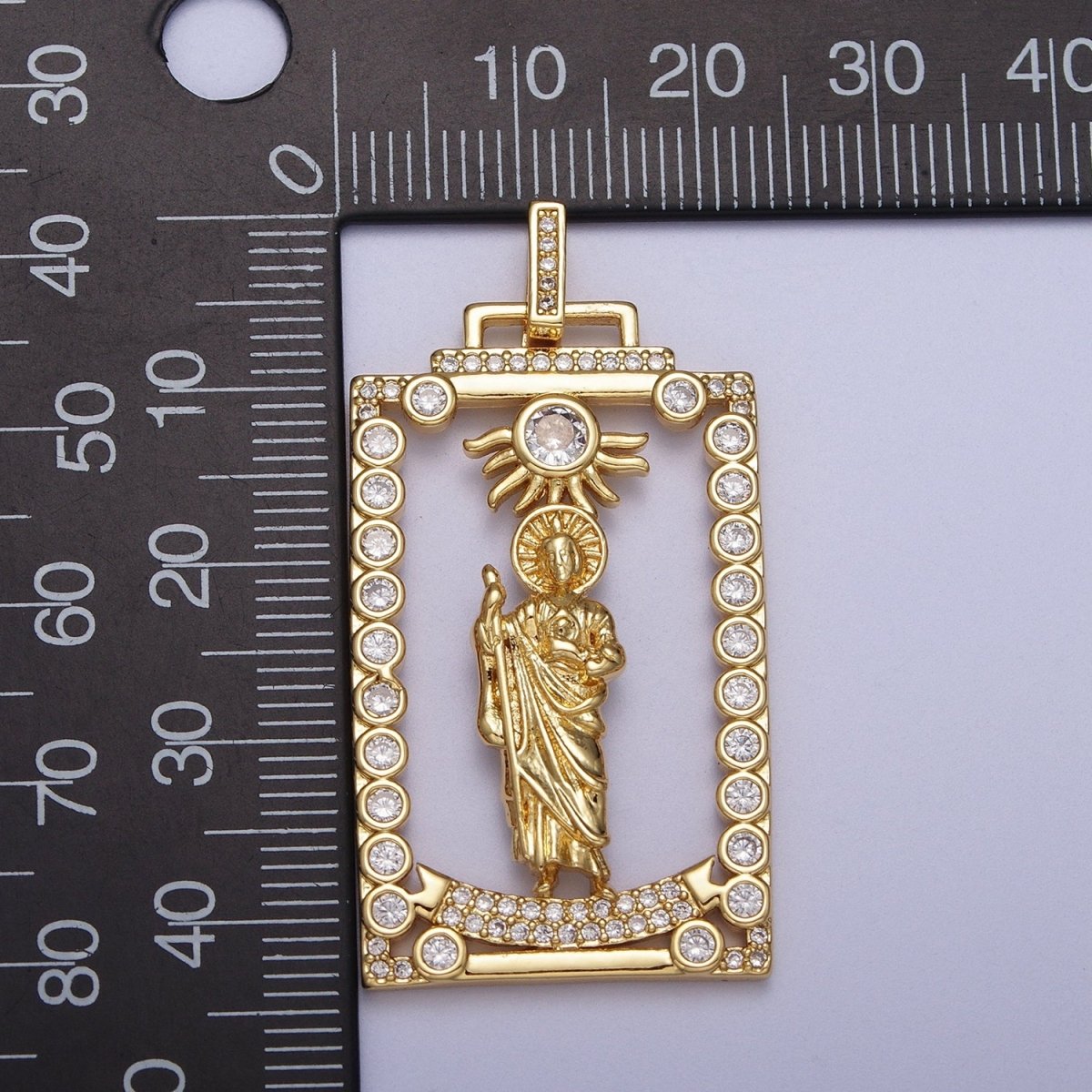 Micro Paved Saint Jude Religious Open Rectangular Gold Pendant H-811
