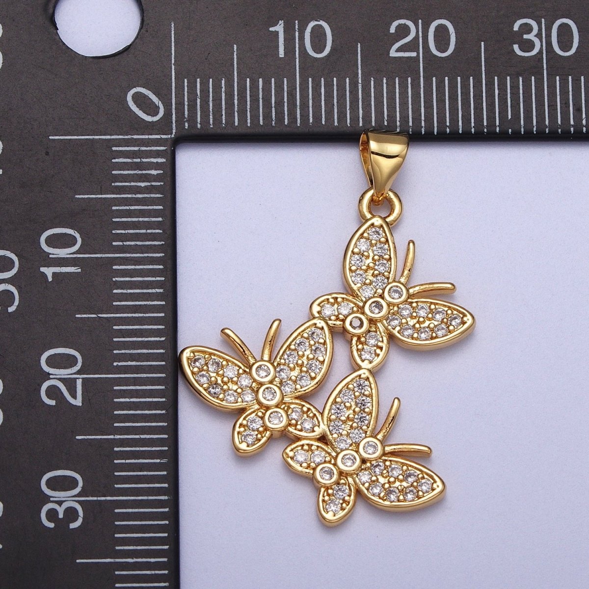 Micro Paved Three Butterfly Mariposa Gold Pendant H-812