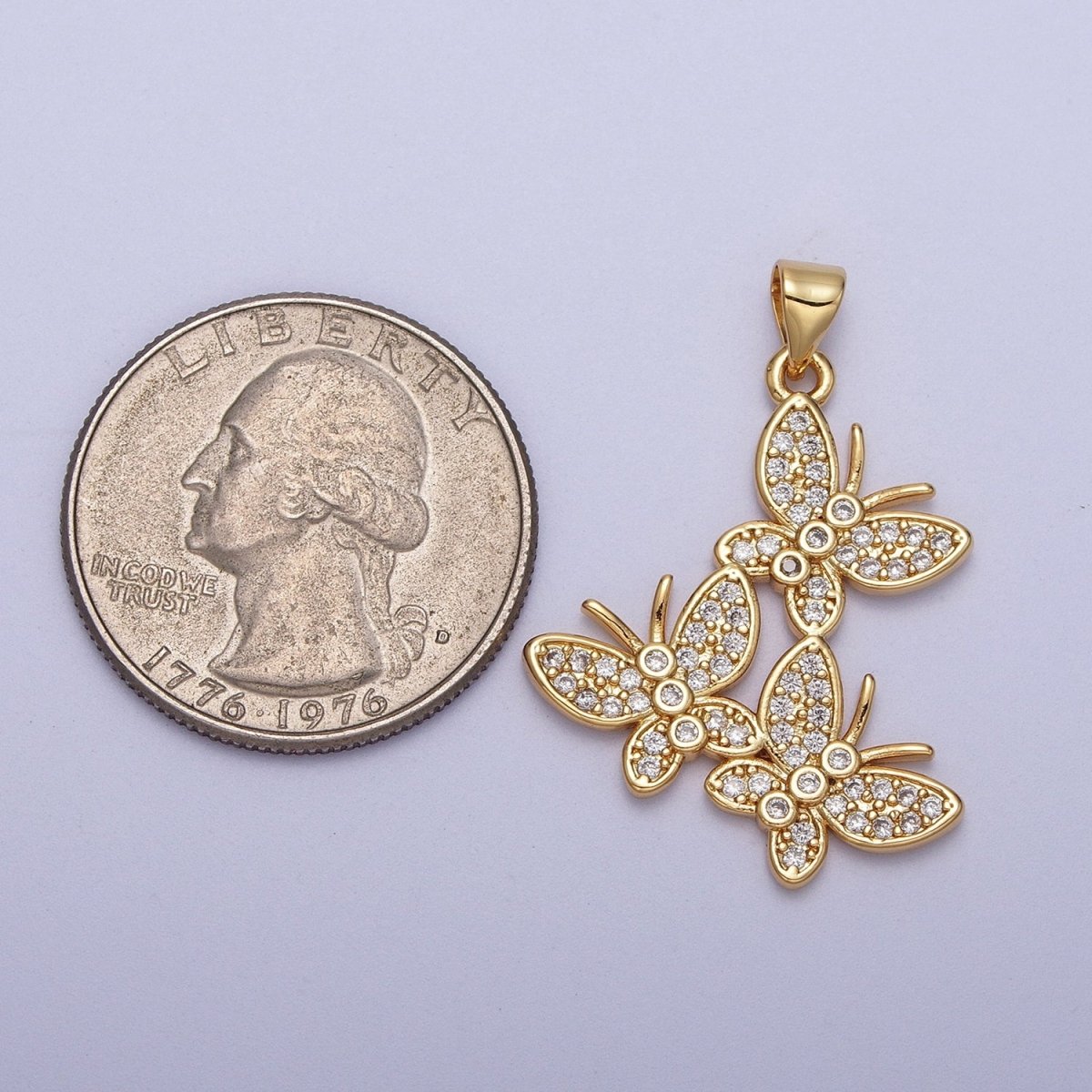 Micro Paved Three Butterfly Mariposa Gold Pendant H-812
